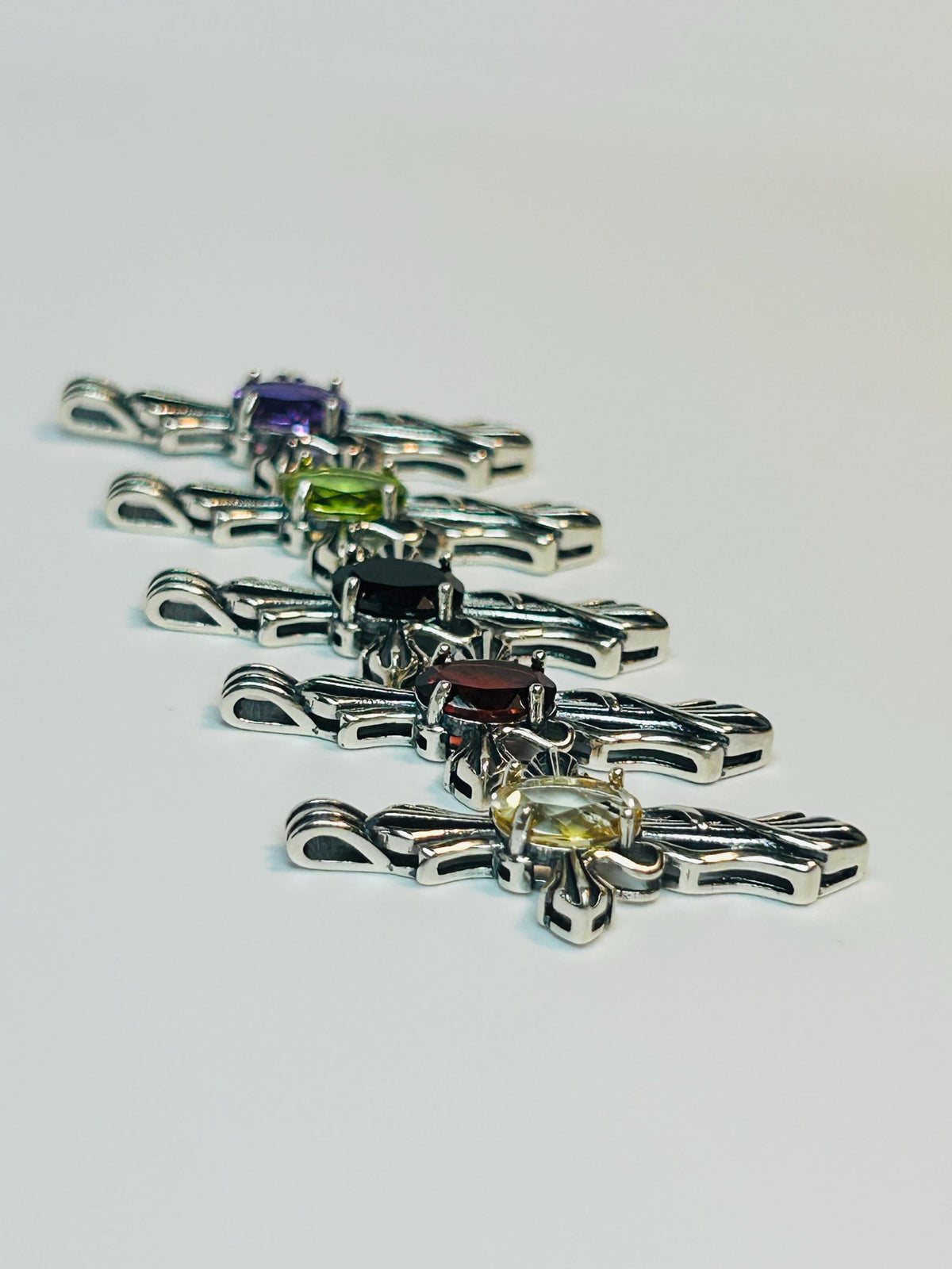 925 Silver Gothic Cross Pendant - Citrine, Garnet, Amethyst, Peridot, Spinel - Ornate Gemstone Jewellery Celtic Dragon Jewellery