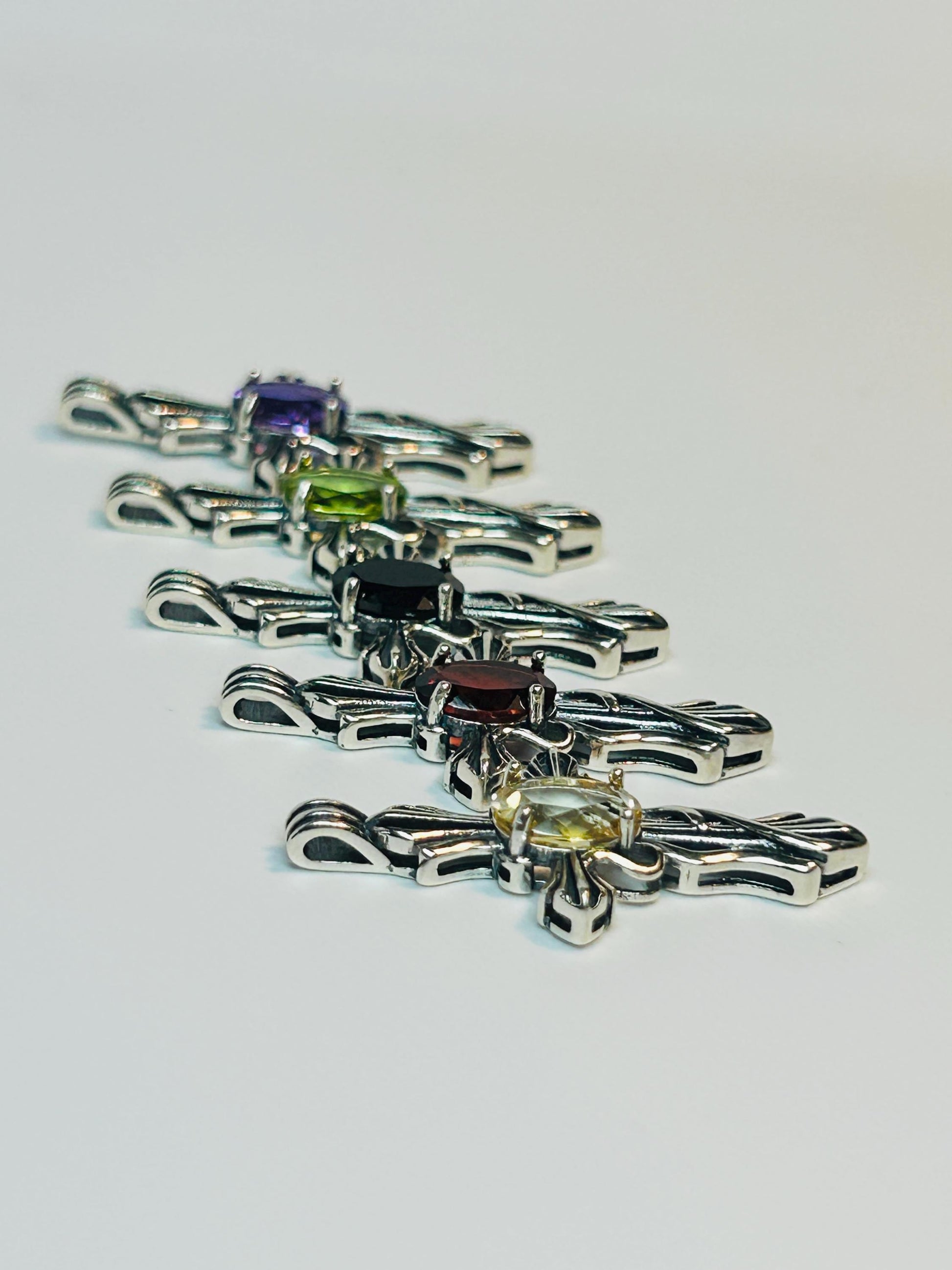 925 Silver Gothic Cross Pendant - Citrine, Garnet, Amethyst, Peridot, Spinel - Ornate Gemstone Jewellery Celtic Dragon Jewellery
