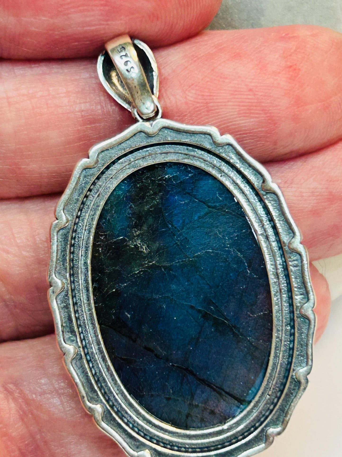 Blue Flash Labradorite Pendant, 925 Sterling Silver - Large Oval Gemstone Statement Jewellery Celtic Dragon Jewellery
