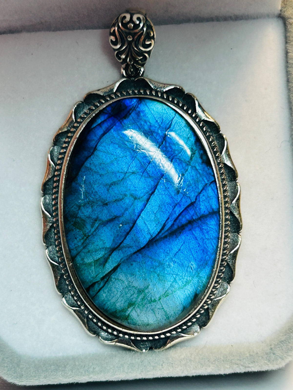 Blue Flash Labradorite Pendant, 925 Sterling Silver - Large Oval Gemstone Statement Jewellery Celtic Dragon Jewellery