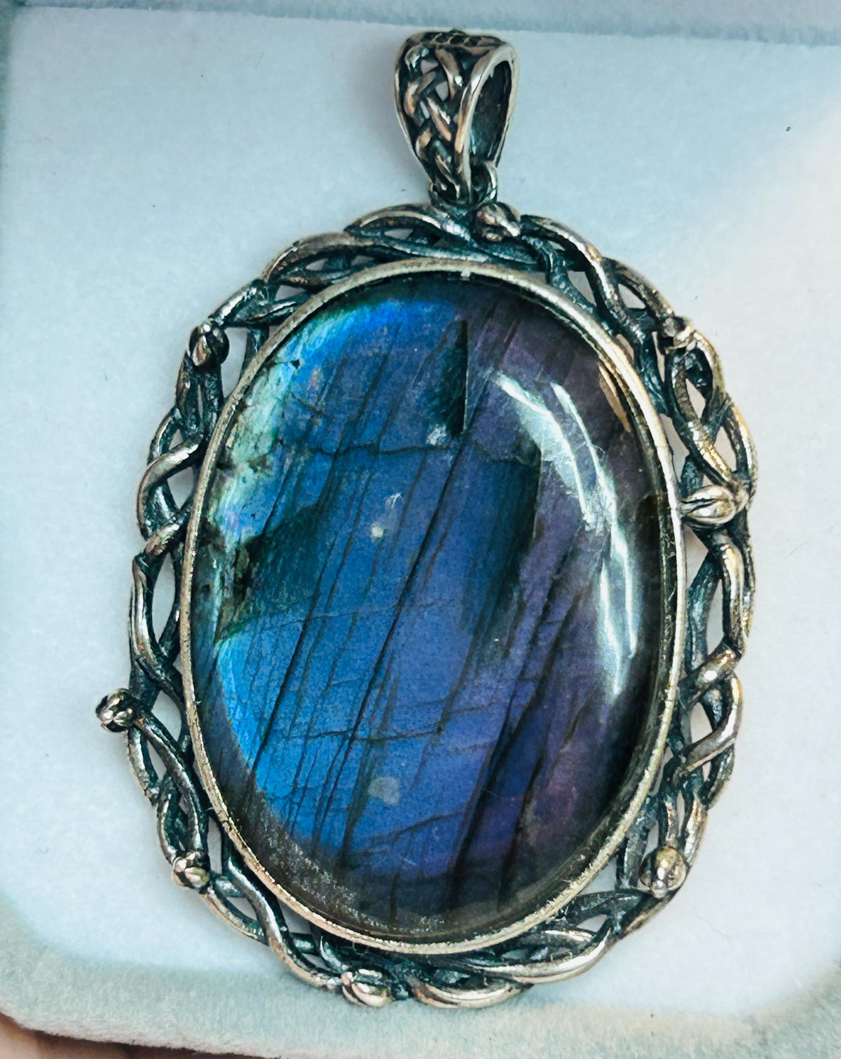 Purple Flash Labradorite Pendant, 925 Sterling Silver - Large Oval Gemstone Statement Jewellery Celtic Dragon Jewellery
