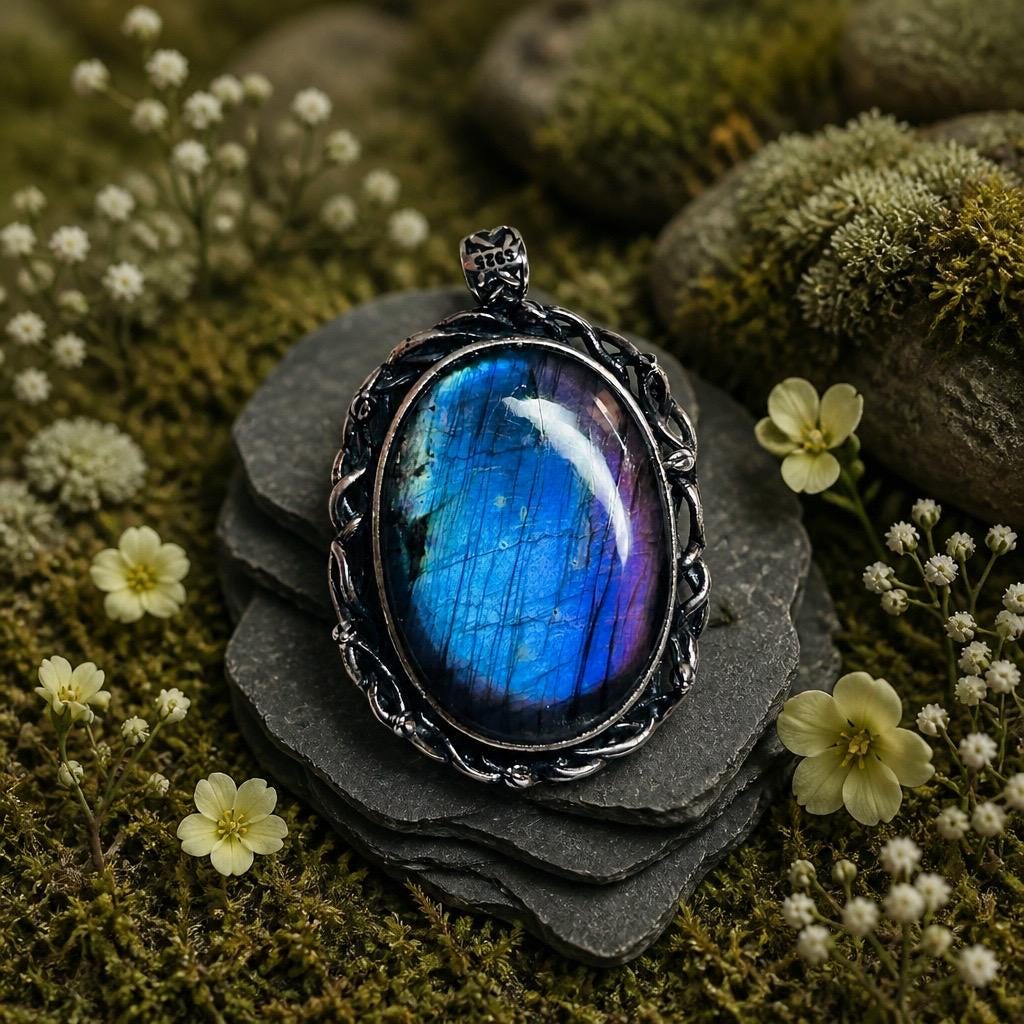 Purple Flash Labradorite Pendant, 925 Sterling Silver - Large Oval Gemstone Statement Jewellery Celtic Dragon Jewellery