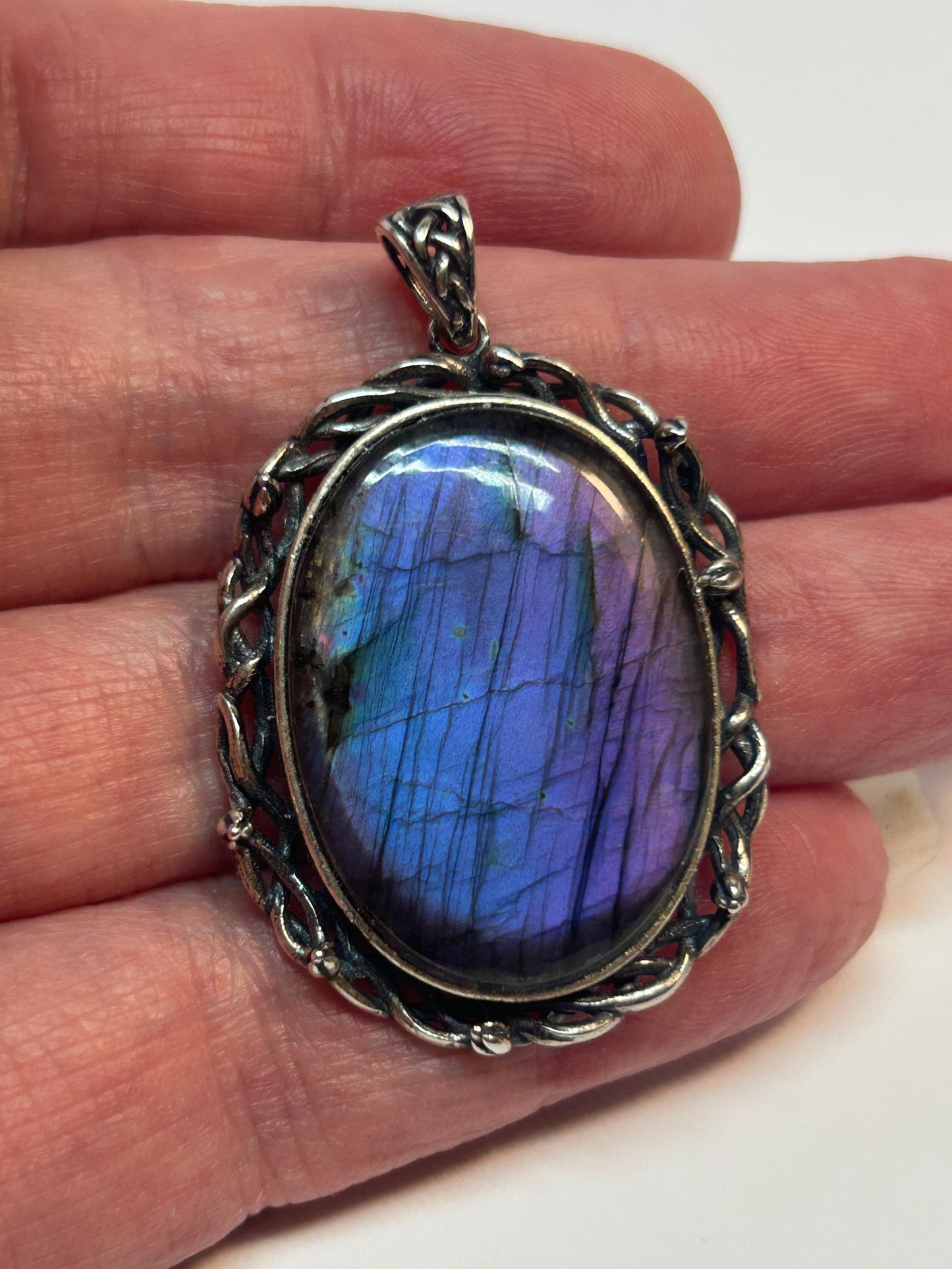 Purple Flash Labradorite Pendant, 925 Sterling Silver - Large Oval Gemstone Statement Jewellery Celtic Dragon Jewellery