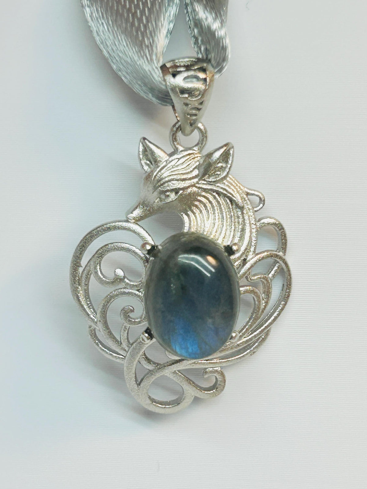 Blue Labradorite Nine Tailed Fox Pendant, 925 Sterling Silver Kitsune Fantasy Jewellery Celtic Dragon Jewellery