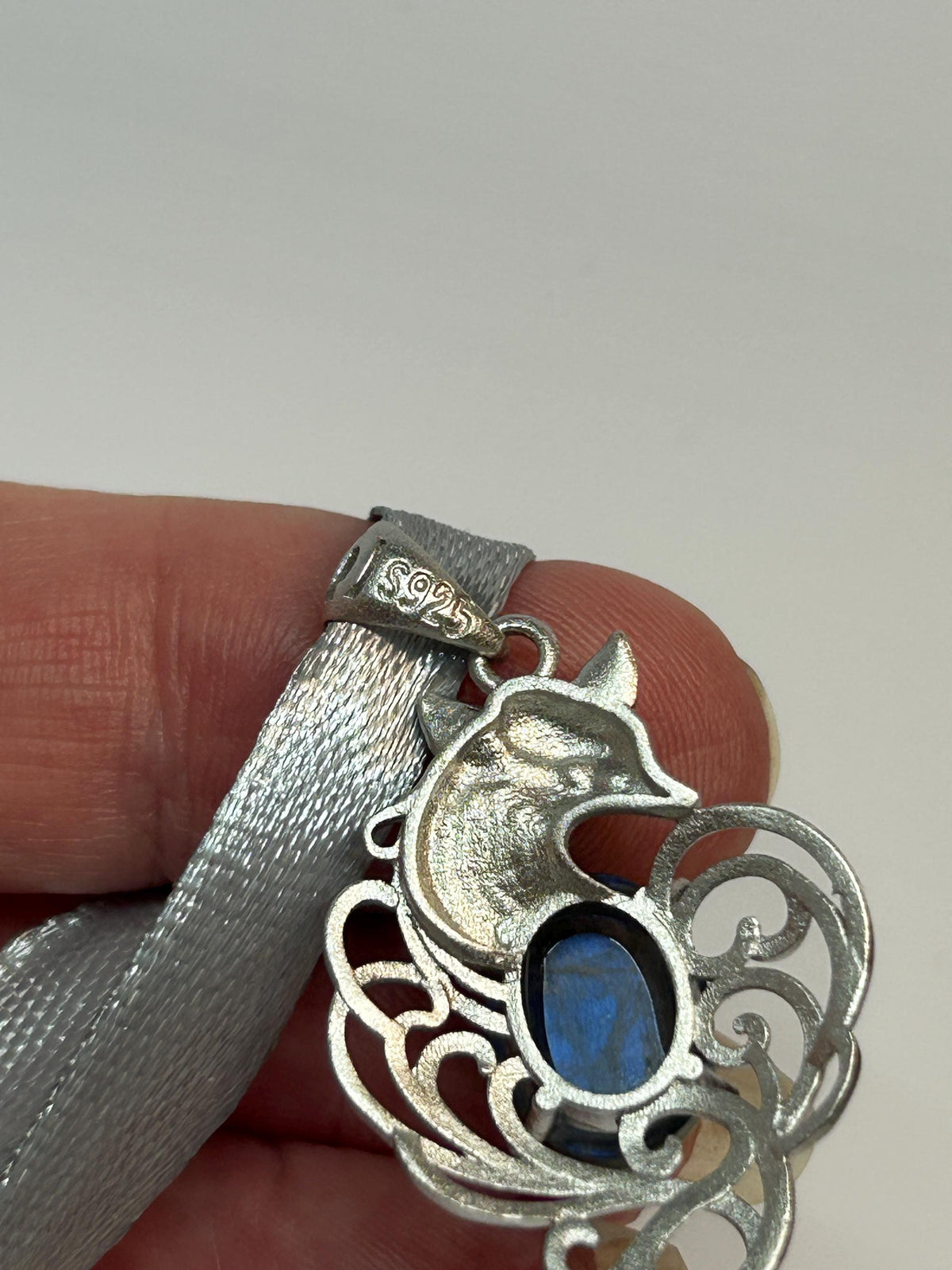 Blue Labradorite Nine Tailed Fox Pendant, 925 Sterling Silver Kitsune Fantasy Jewellery Celtic Dragon Jewellery