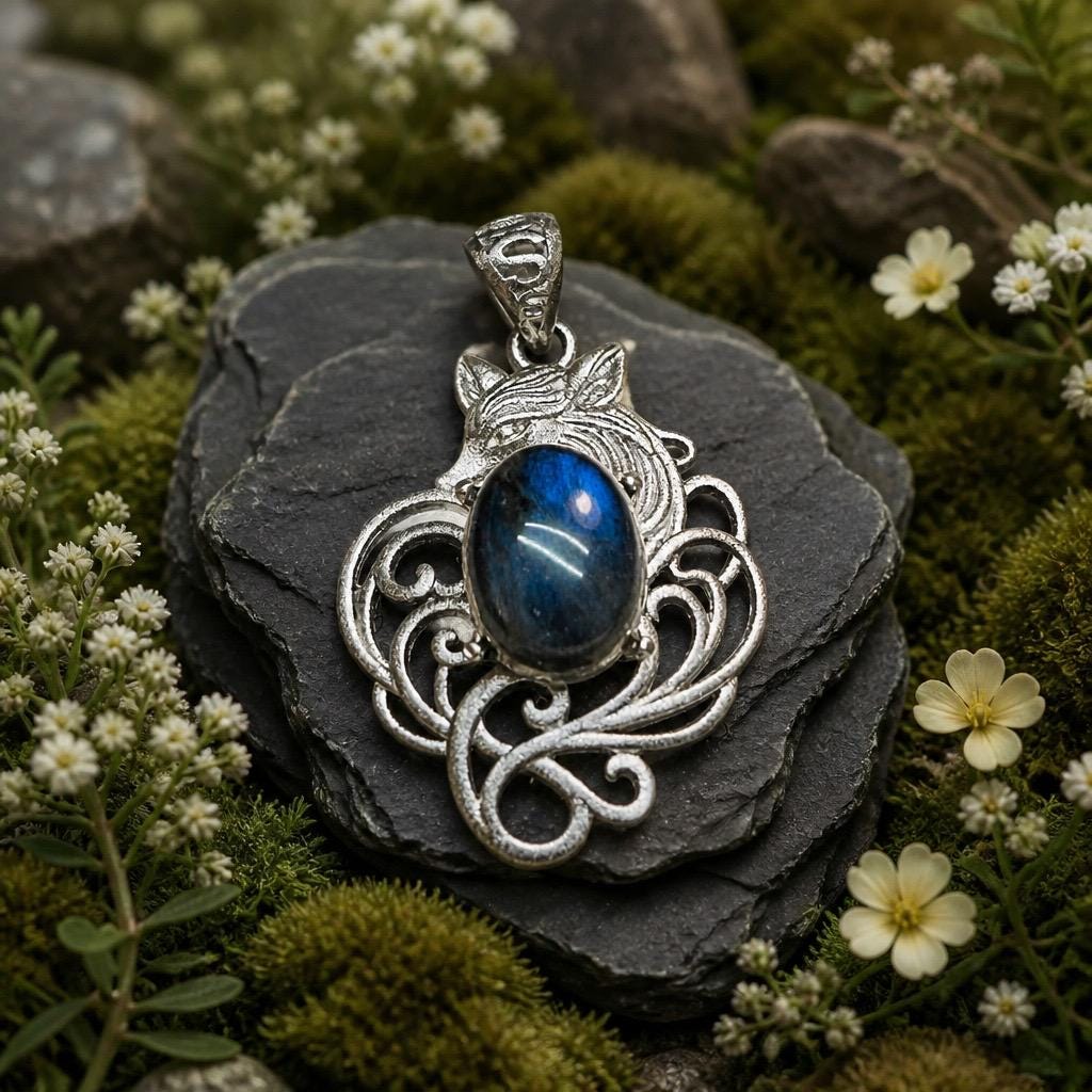 Blue Labradorite Nine Tailed Fox Pendant, 925 Sterling Silver Kitsune Fantasy Jewellery Celtic Dragon Jewellery