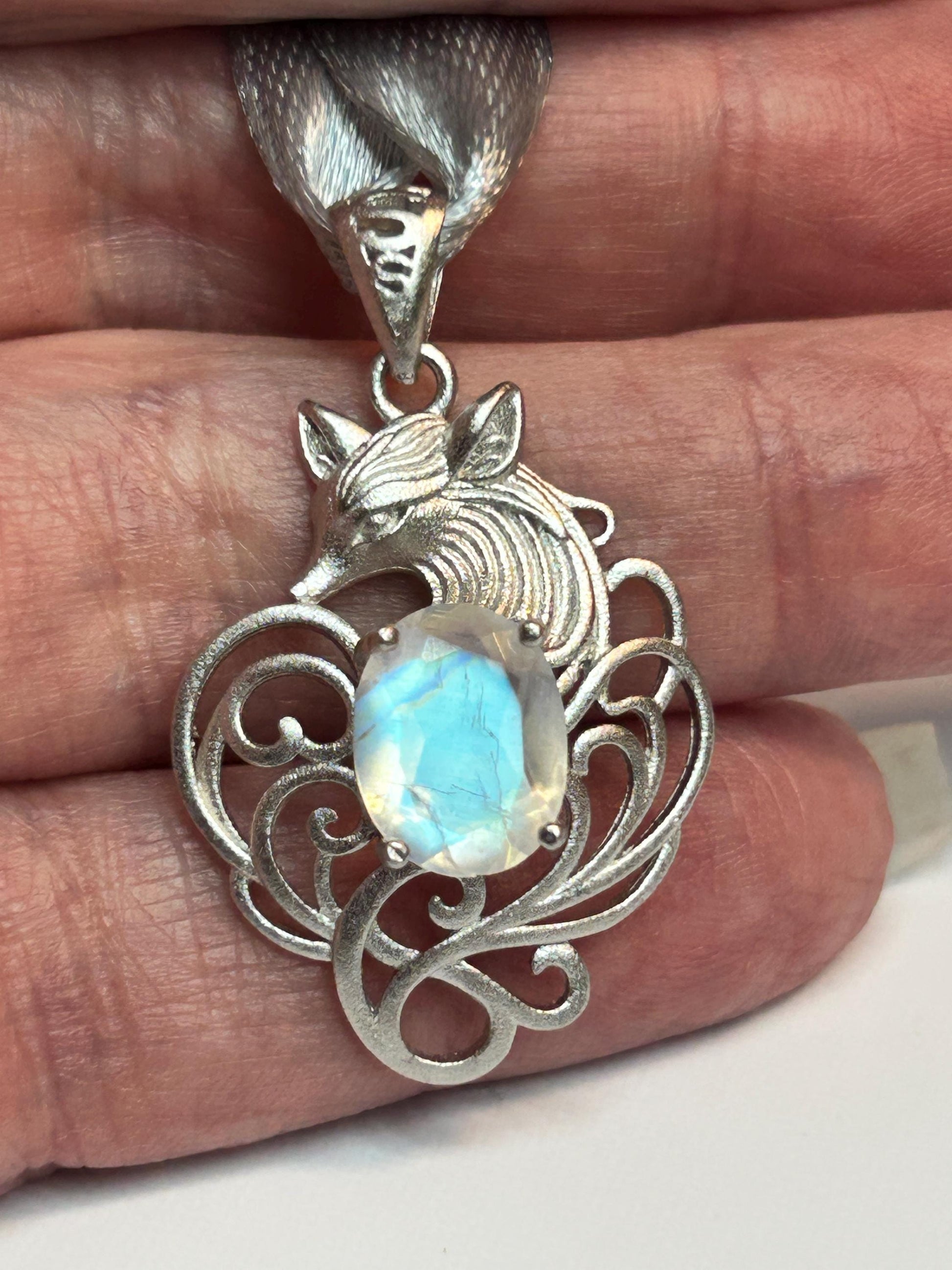 Nine Tailed Fox Pendant with Moonstone, White Labradorite - 925 Sterling Silver Kitsune Fantasy Jewellery Celtic Dragon Jewellery
