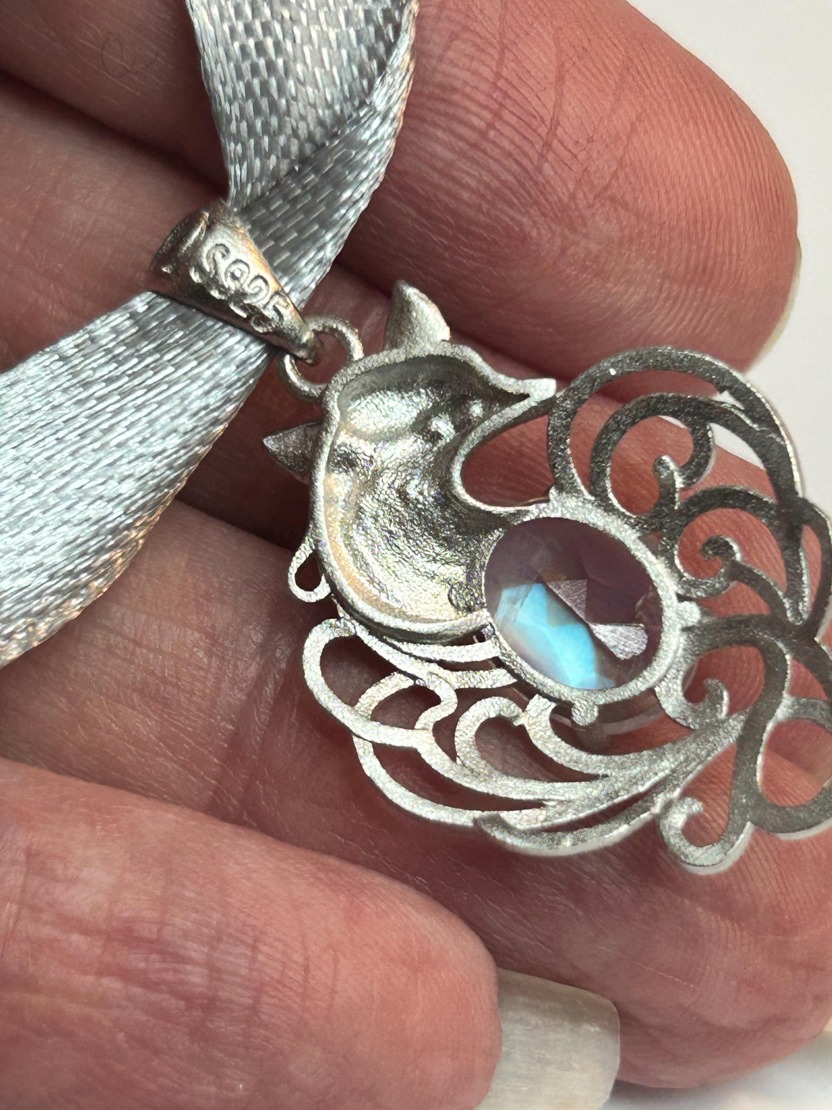 Nine Tailed Fox Pendant with Moonstone, White Labradorite - 925 Sterling Silver Kitsune Fantasy Jewellery Celtic Dragon Jewellery