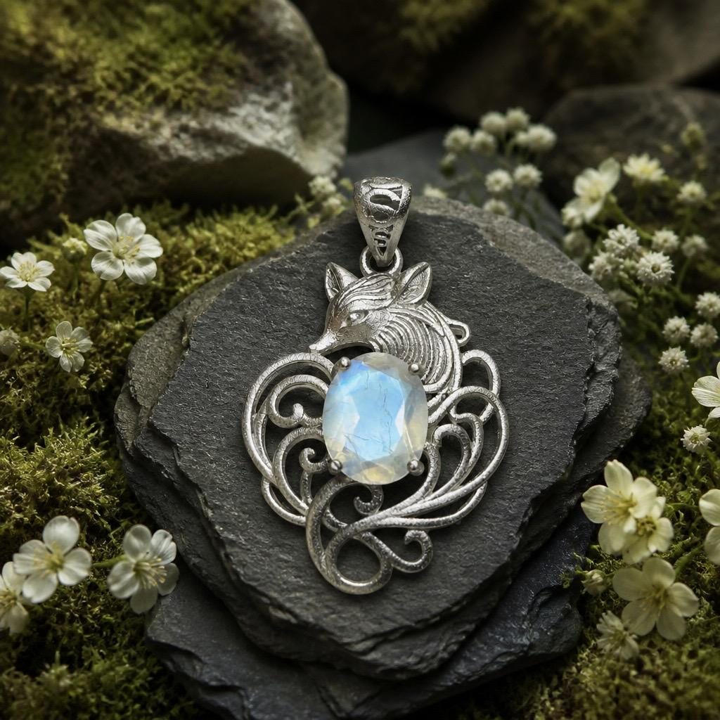 Nine Tailed Fox Pendant with Moonstone, White Labradorite - 925 Sterling Silver Kitsune Fantasy Jewellery Celtic Dragon Jewellery