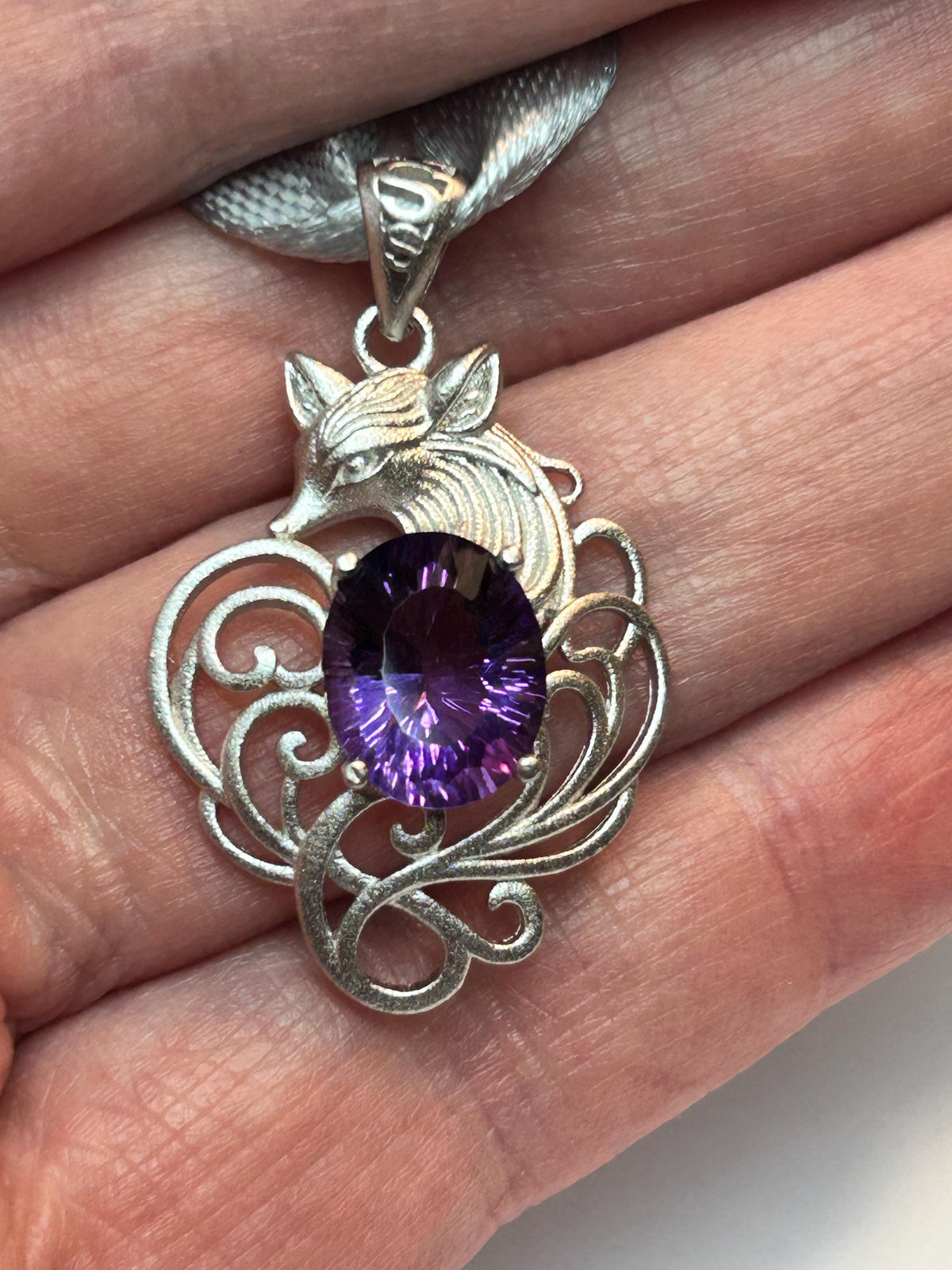 Nine Tailed Fox Pendant with Amethyst - 925 Sterling Silver Kitsune Fantasy Jewellery Celtic Dragon Jewellery