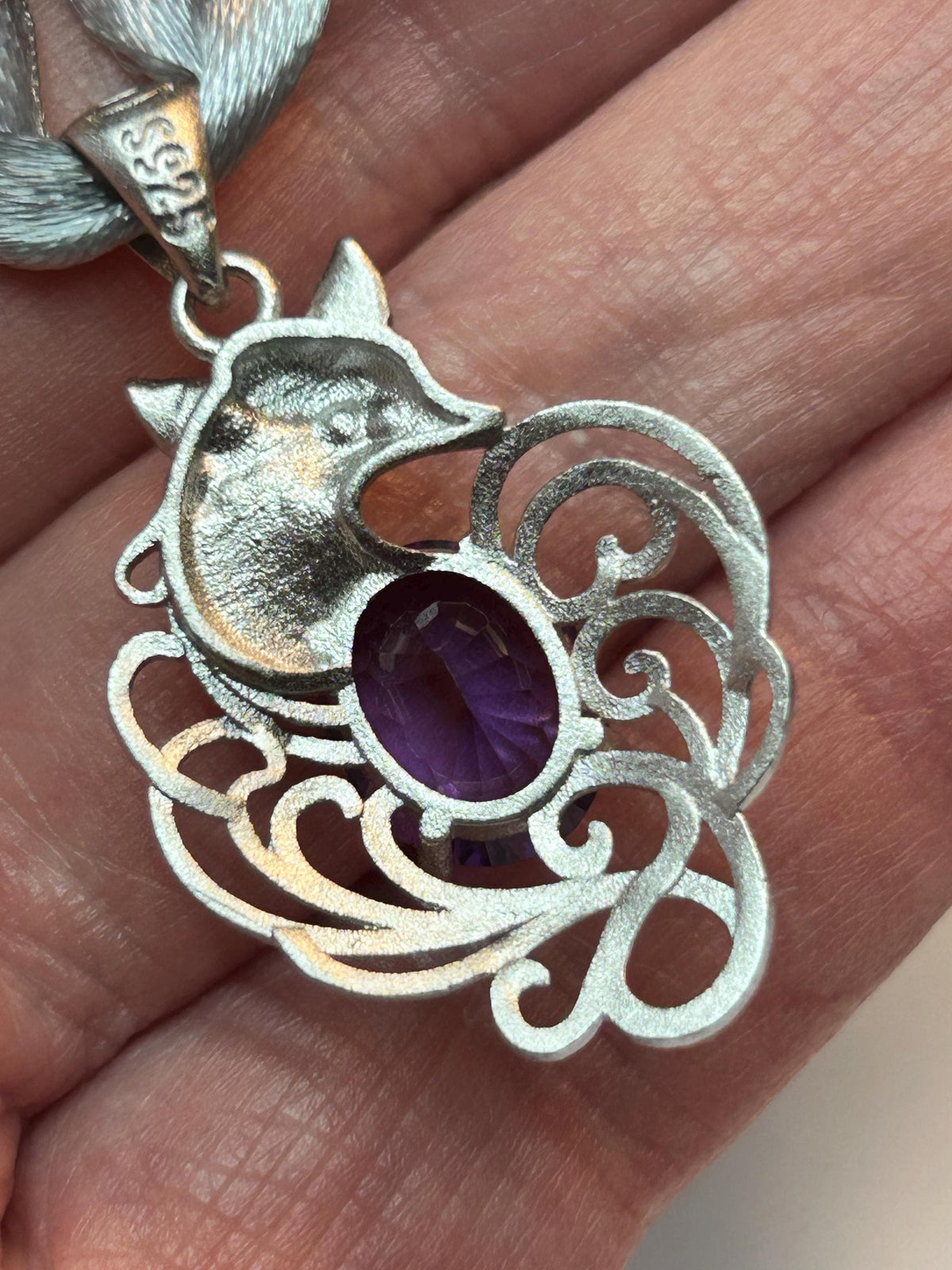 Nine Tailed Fox Pendant with Amethyst - 925 Sterling Silver Kitsune Fantasy Jewellery Celtic Dragon Jewellery
