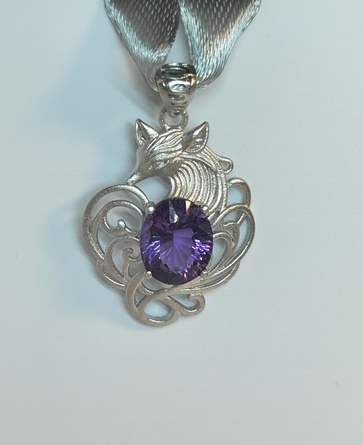 Nine Tailed Fox Pendant with Amethyst - 925 Sterling Silver Kitsune Fantasy Jewellery Celtic Dragon Jewellery
