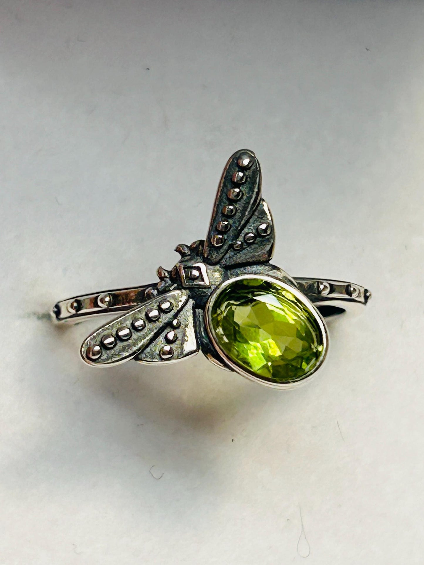 Dragonfly Ring with Peridot in 925 Sterling Silver - Adjustable Nature Jewellery Celtic Dragon Jewellery
