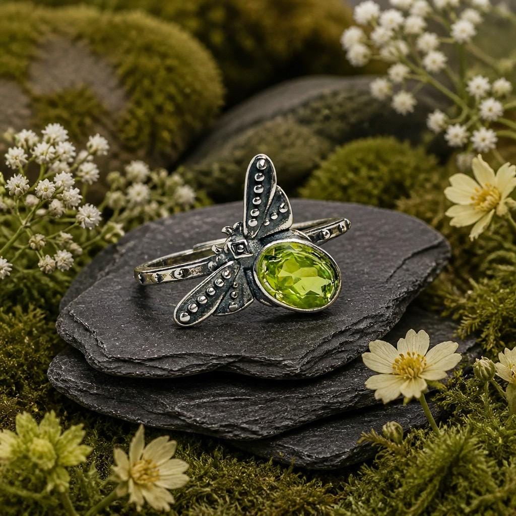 Dragonfly Ring with Peridot in 925 Sterling Silver - Adjustable Nature Jewellery Celtic Dragon Jewellery