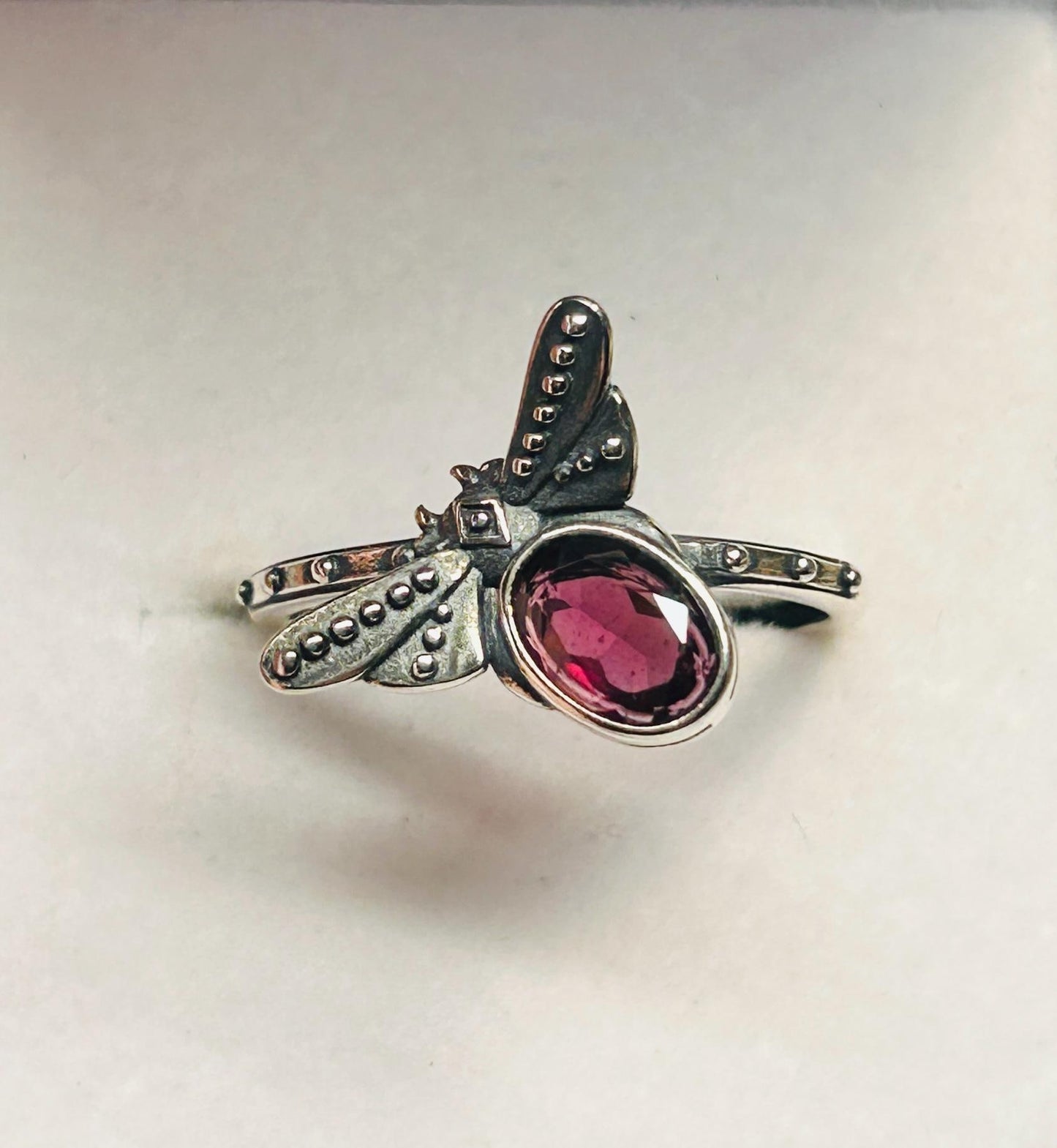 Dragonfly Ring with Purple Garnet in 925 Sterling Silver - Adjustable Nature Jewellery