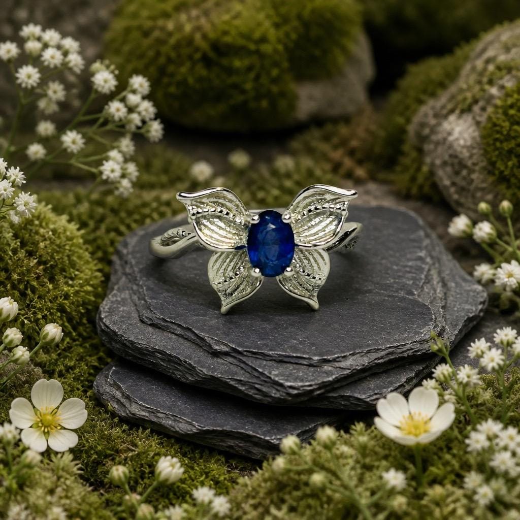 Blue Sapphire Butterfly Ring in 925 Sterling Silver - Adjustable Whimsical Fairycore Jewellery Celtic Dragon Jewellery
