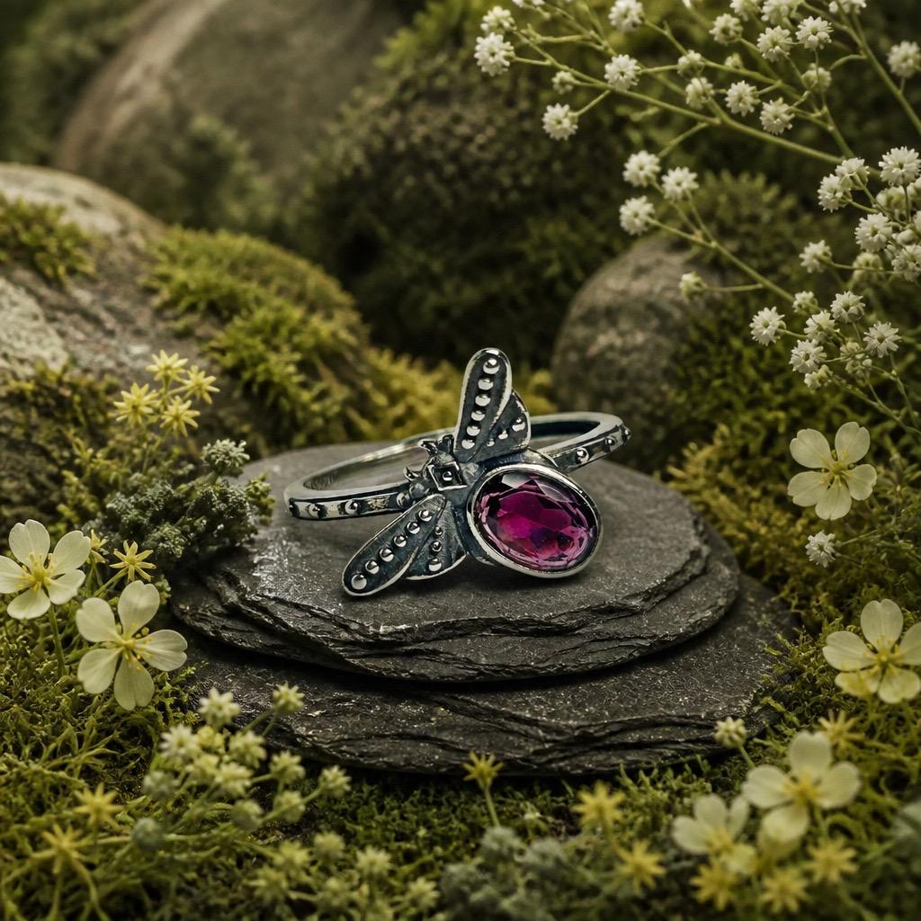 Dragonfly Ring with Purple Garnet in 925 Sterling Silver - Adjustable Nature Jewellery Celtic Dragon Jewellery