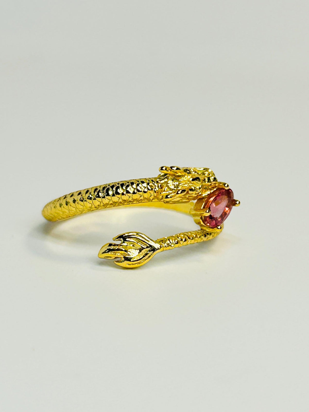 Gold Dragon Ring, 925 Sterling Silver with Pink Tourmaline - Adjustable Gemstone Mythical Jewellery Celtic Dragon Jewellery