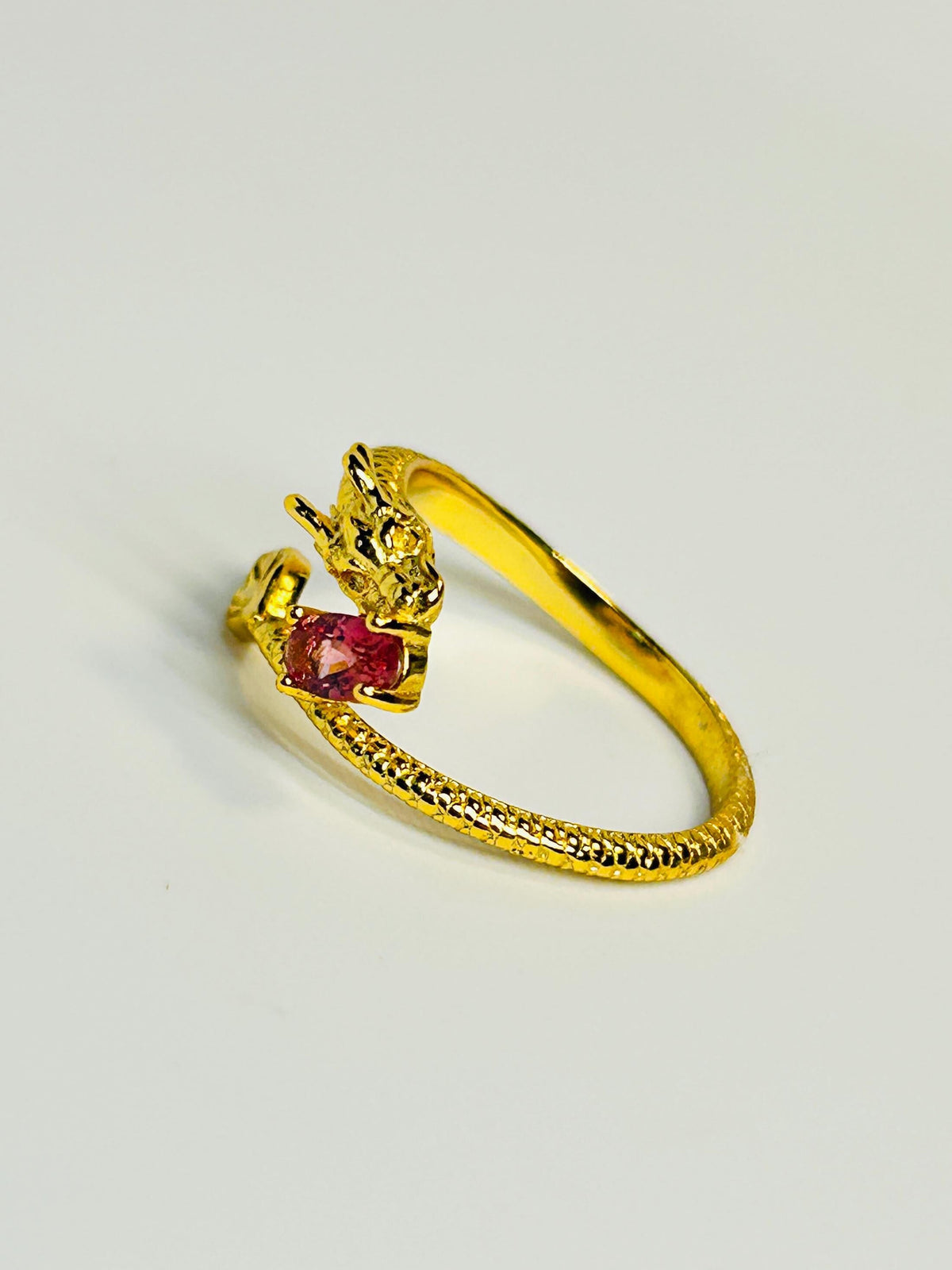 Gold Dragon Ring, 925 Sterling Silver with Pink Tourmaline - Adjustable Gemstone Mythical Jewellery Celtic Dragon Jewellery