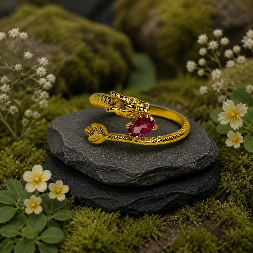 Gold Dragon Ring, 925 Sterling Silver with Pink Tourmaline - Adjustable Gemstone Mythical Jewellery Celtic Dragon Jewellery