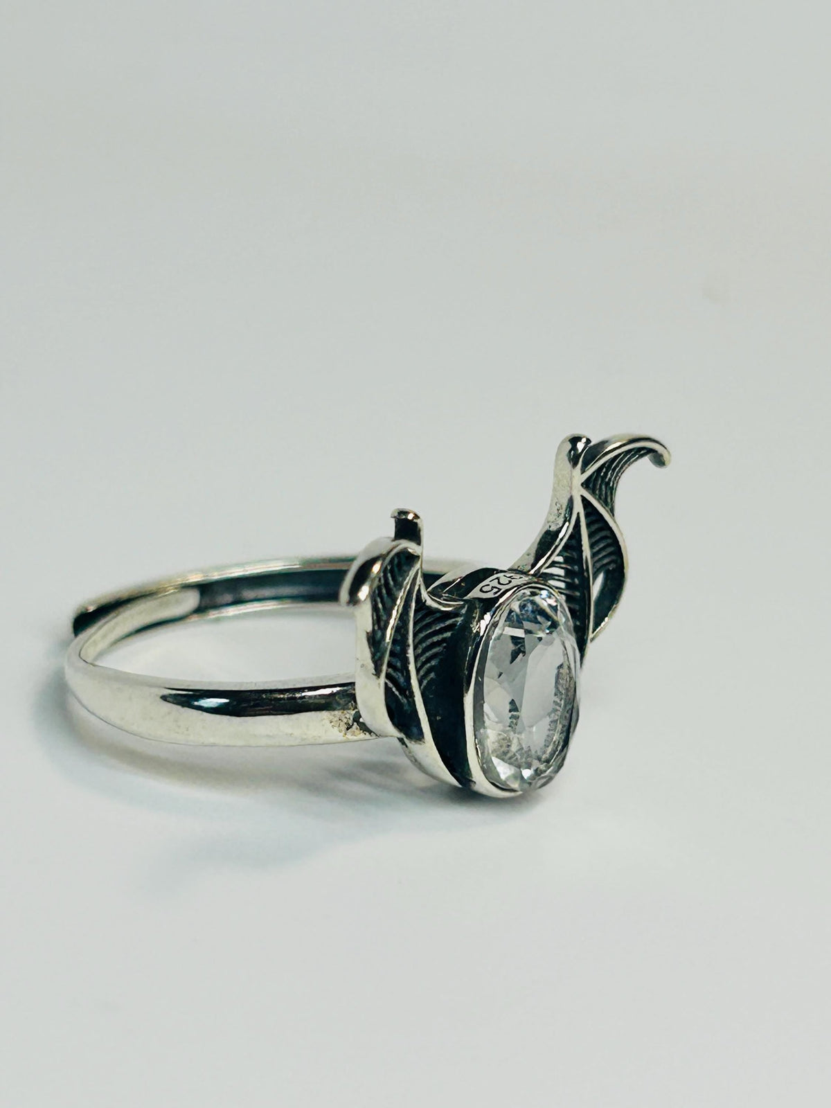 Clear Quartz Bat Ring in 925 Sterling Silver - Adjustable Goth Vampire Wing Jewellery Celtic Dragon Jewellery