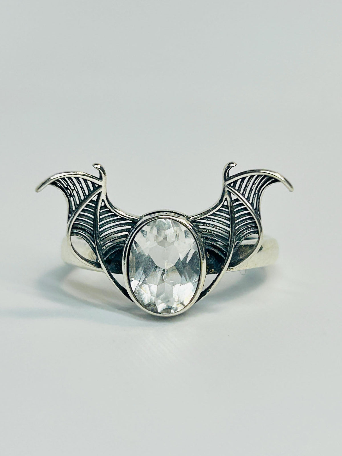 Clear Quartz Bat Ring in 925 Sterling Silver - Adjustable Goth Vampire Wing Jewellery Celtic Dragon Jewellery