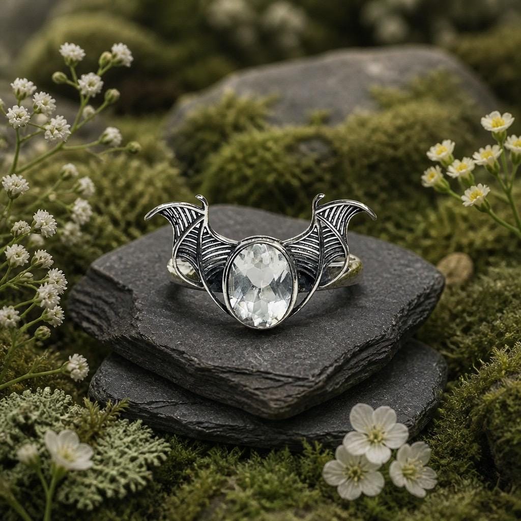 Clear Quartz Bat Ring in 925 Sterling Silver - Adjustable Goth Vampire Wing Jewellery Celtic Dragon Jewellery