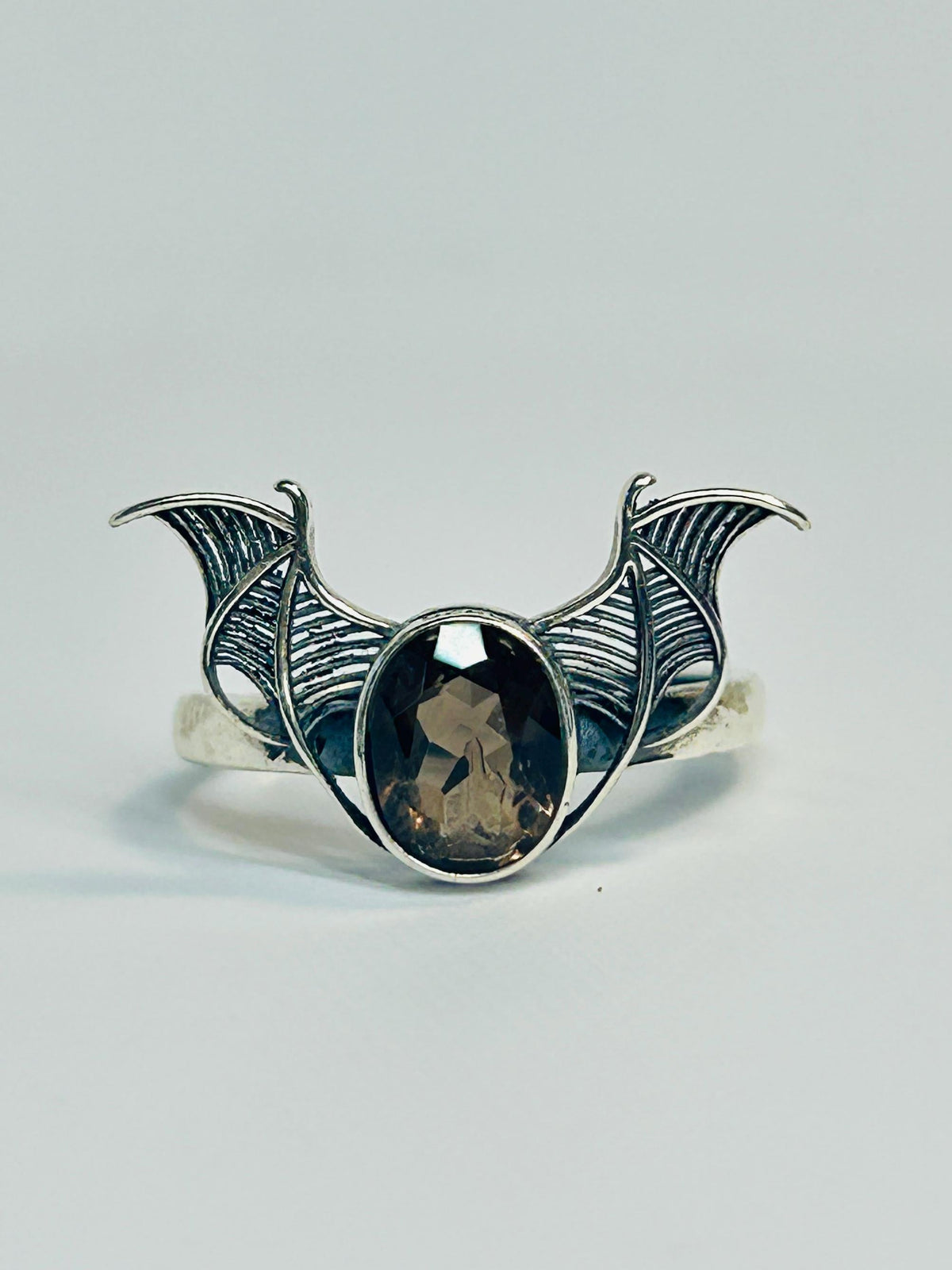 Smoky Quartz Bat Ring in 925 Sterling Silver - Adjustable Goth Vampire Wing Jewellery Celtic Dragon Jewellery