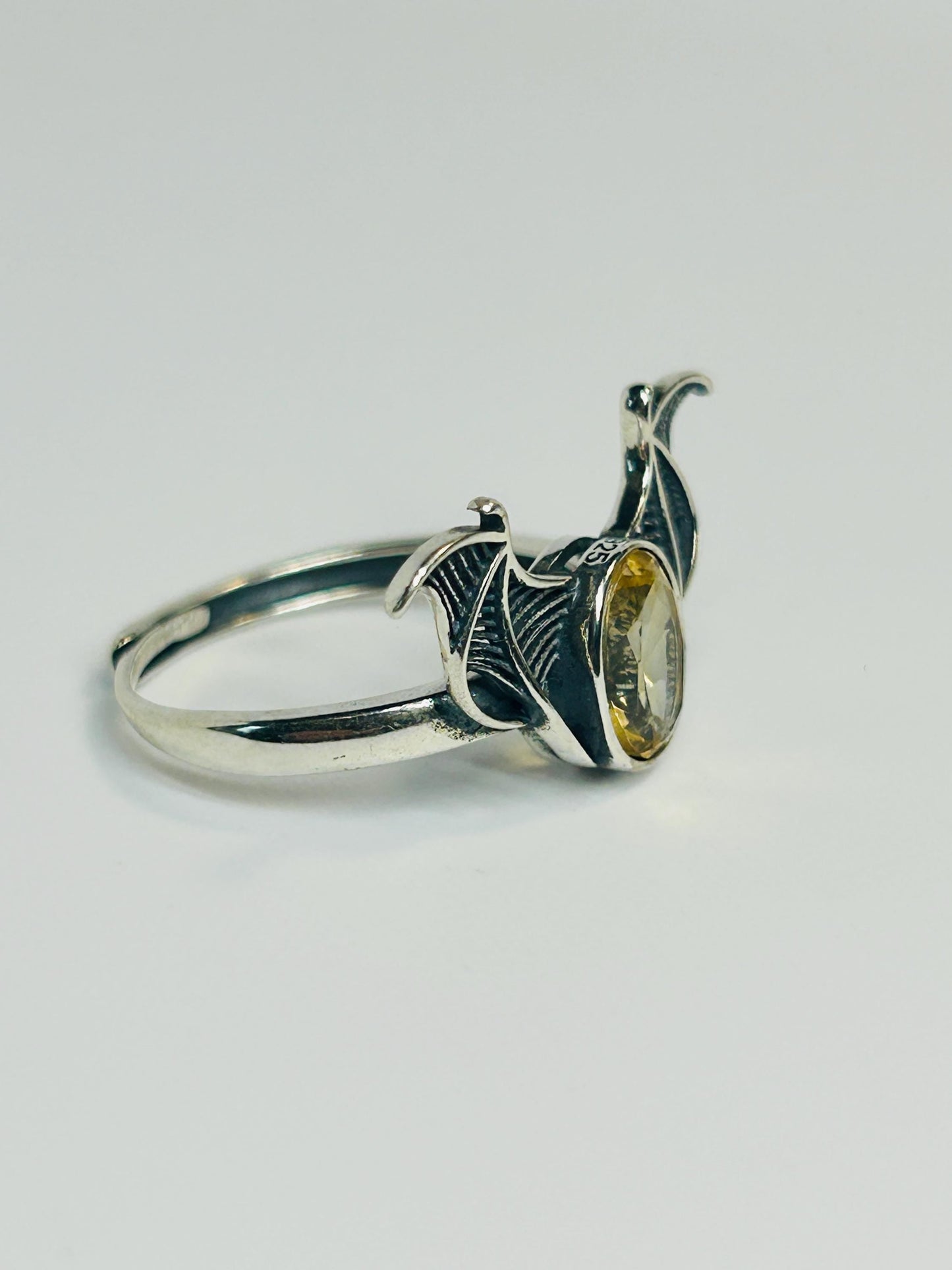 Citrine Bat Ring in 925 Sterling Silver - Adjustable Goth Vampire Wing Jewellery Celtic Dragon Jewellery