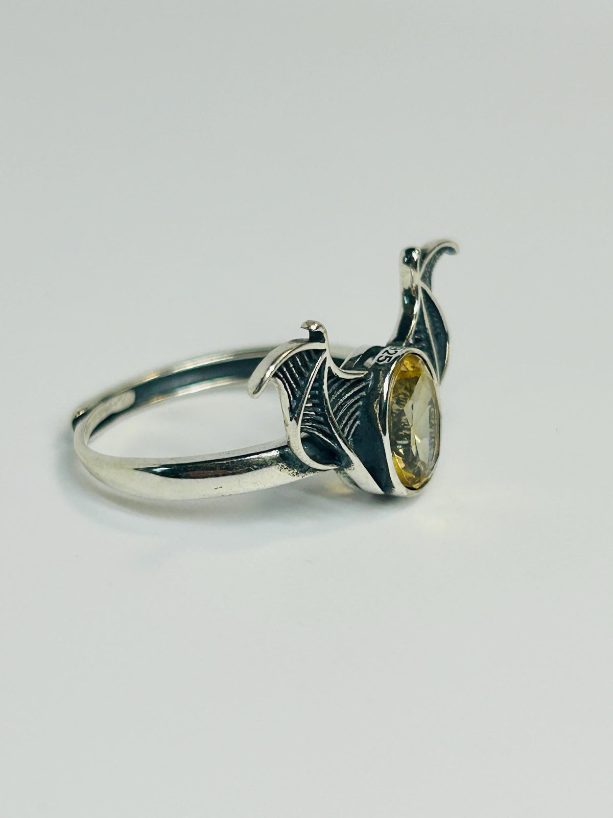 Citrine Bat Ring in 925 Sterling Silver - Adjustable Goth Vampire Wing Jewellery Celtic Dragon Jewellery