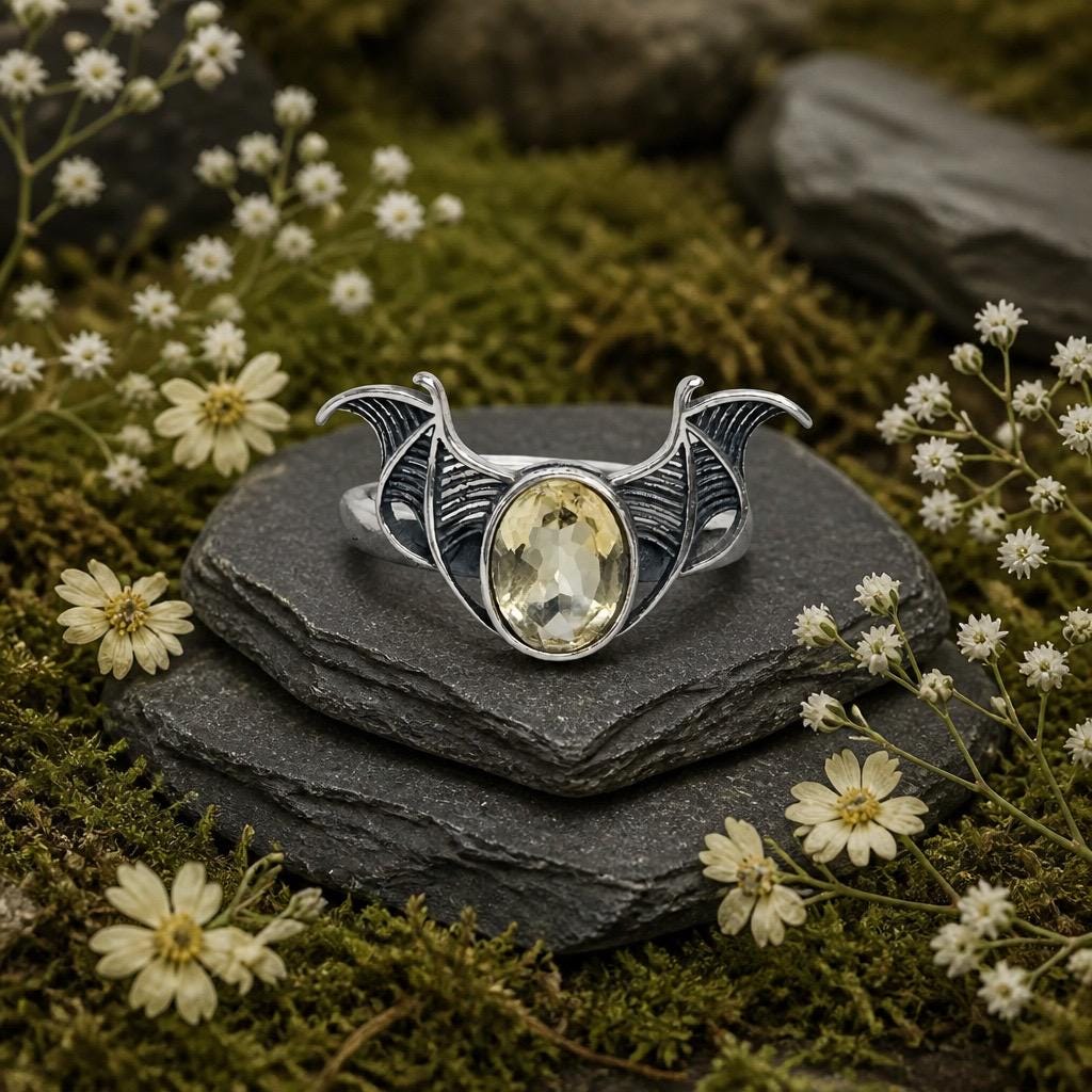 Citrine Bat Ring in 925 Sterling Silver - Adjustable Goth Vampire Wing Jewellery Celtic Dragon Jewellery