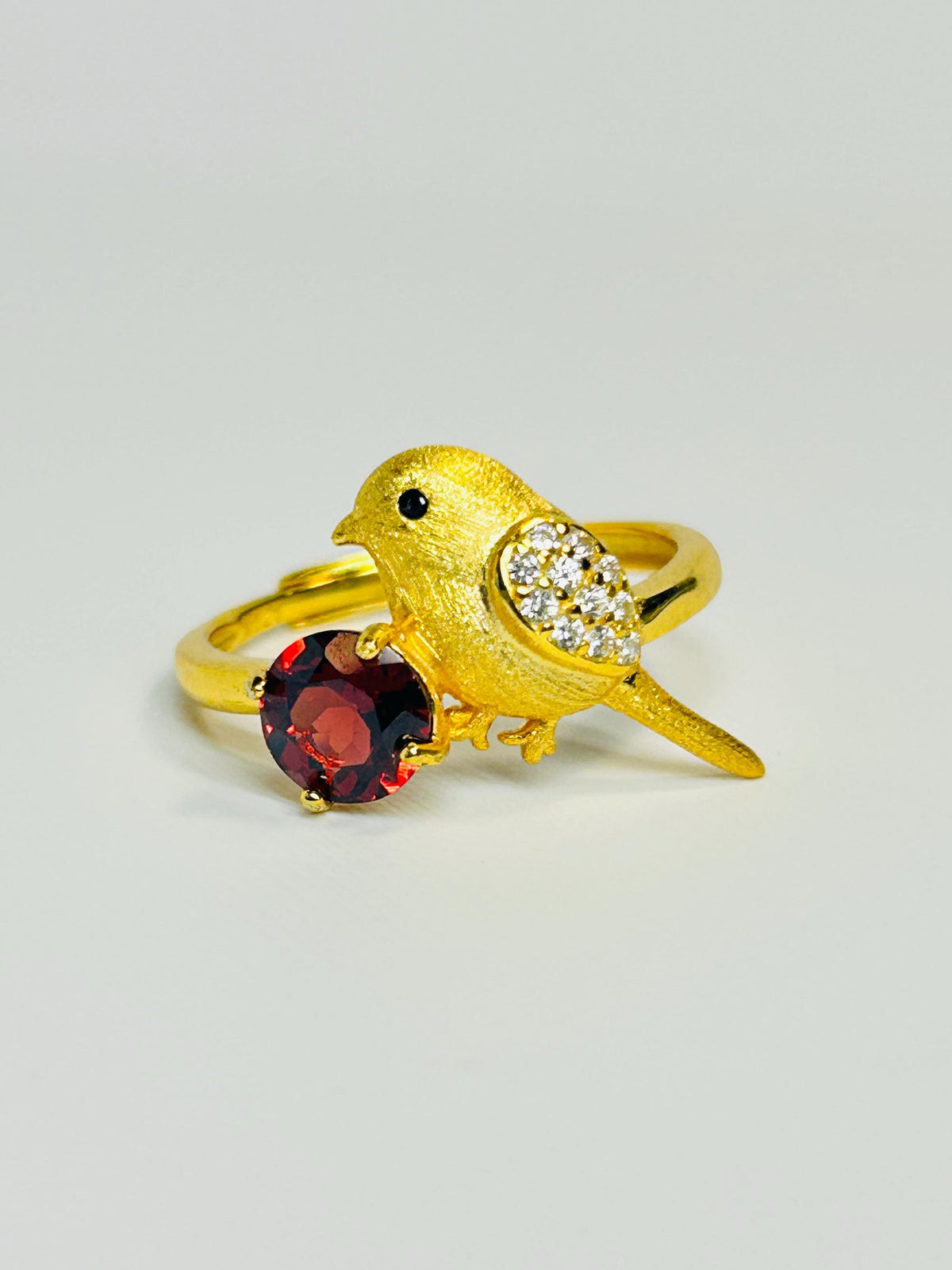 Gold Plated Bird Ring with Garnet - 925 Sterling Silver Adjustable Whimsical Nature Statement Gift Celtic Dragon Jewellery