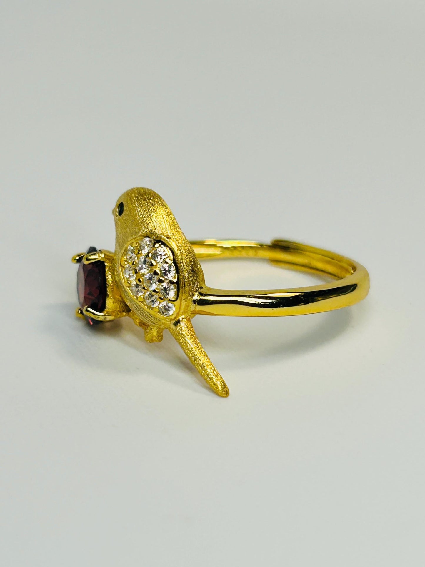 Gold Plated Bird Ring with Garnet - 925 Sterling Silver Adjustable Whimsical Nature Statement Gift Celtic Dragon Jewellery