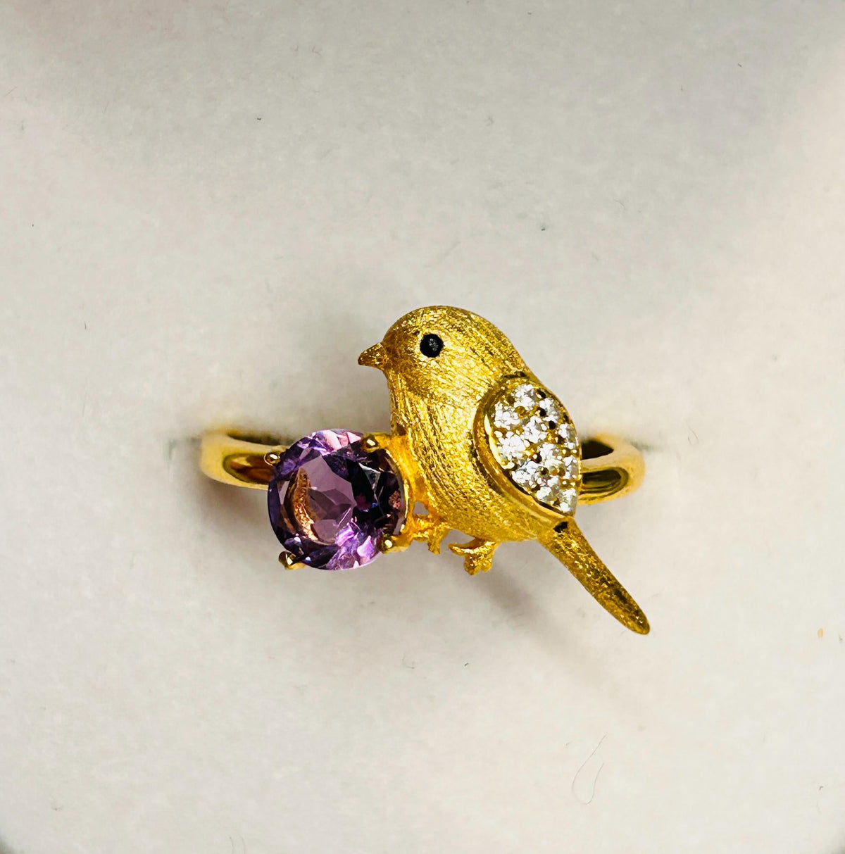 Gold Plated Bird Ring with Amethyst - 925 Sterling Silver Adjustable Whimsical Nature Statement Gift Celtic Dragon Jewellery