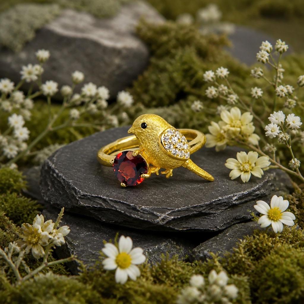 Gold Plated Bird Ring with Garnet - 925 Sterling Silver Adjustable Whimsical Nature Statement Gift