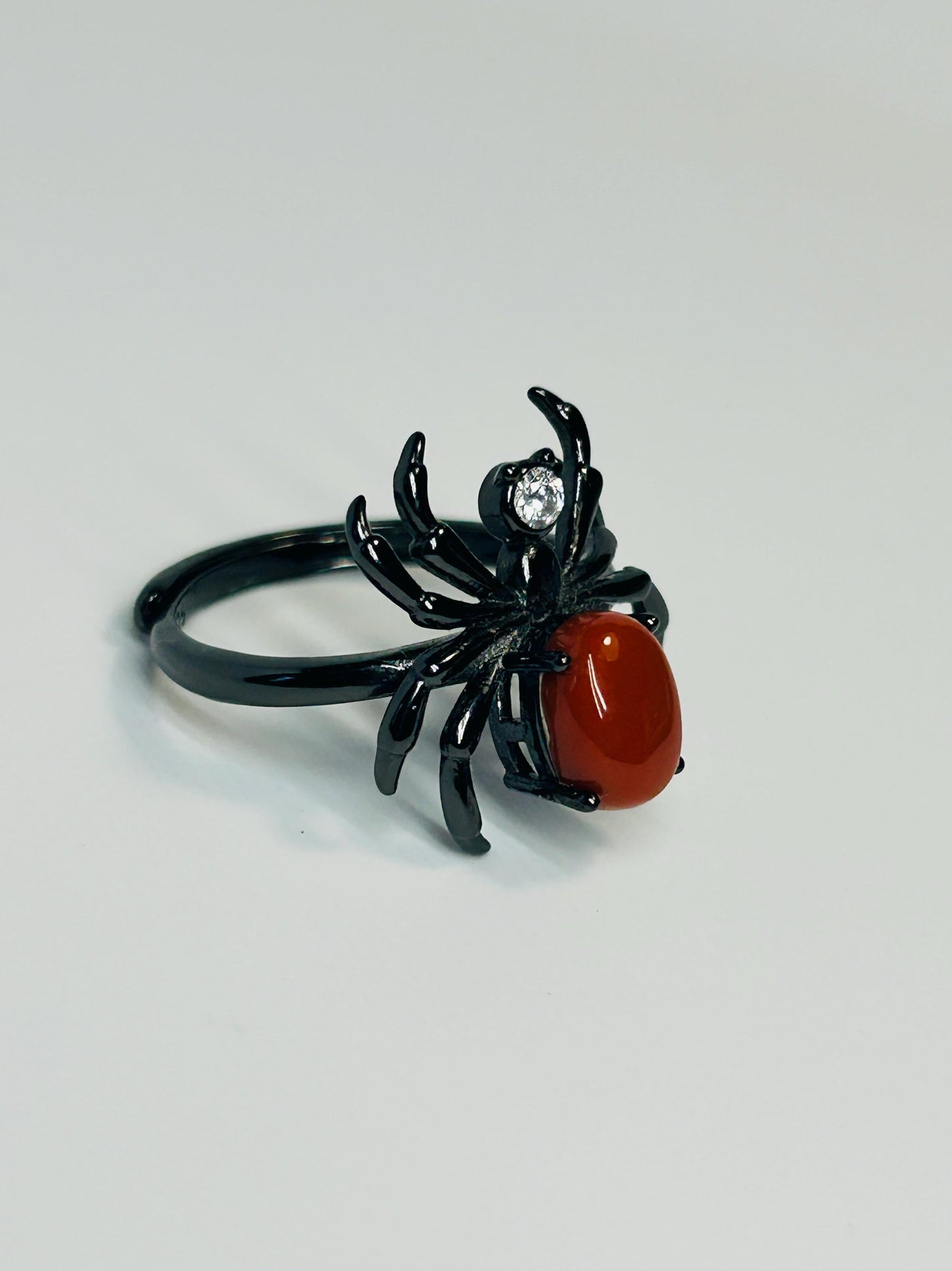 Black Ruthenium Plated Sterling Silver Spider Ring with Southern Red Agate - Adjustable Gothic Jewellery