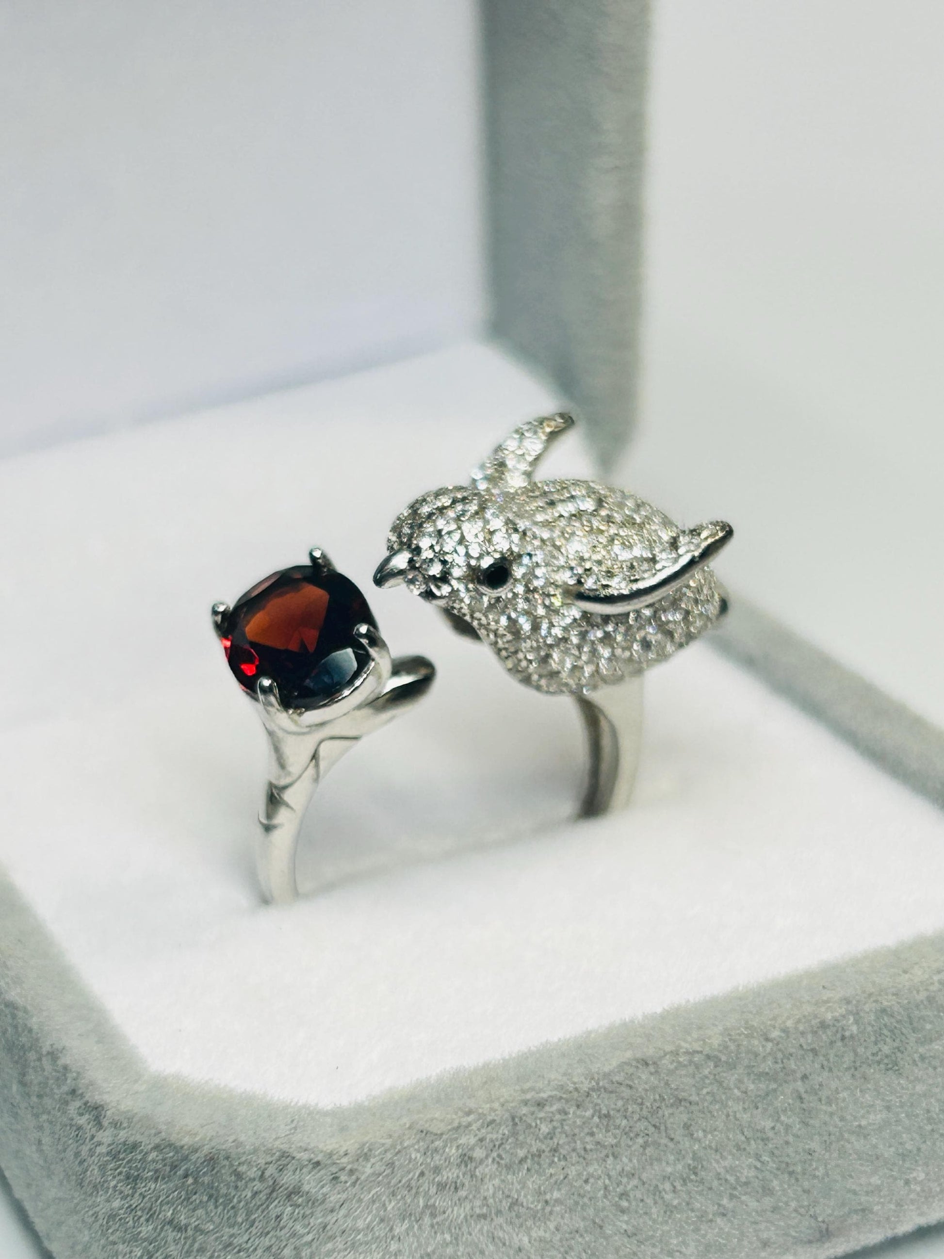 Sterling Silver Bird Ring with Garnet, Zirconia Encrusted - Adjustable Statement Jewellery Celtic Dragon Jewellery