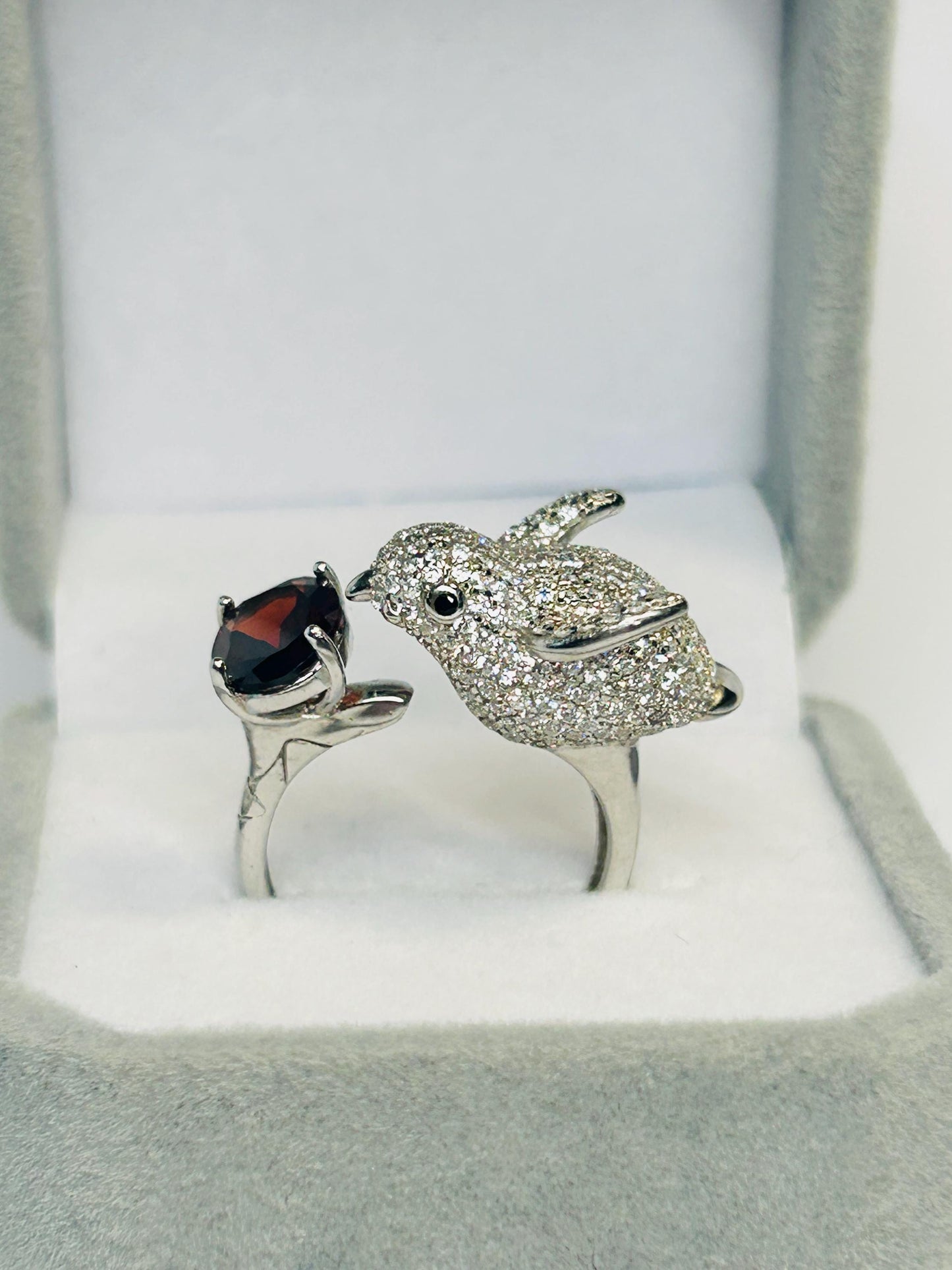 Sterling Silver Bird Ring with Garnet, Zirconia Encrusted - Adjustable Statement Jewellery Celtic Dragon Jewellery