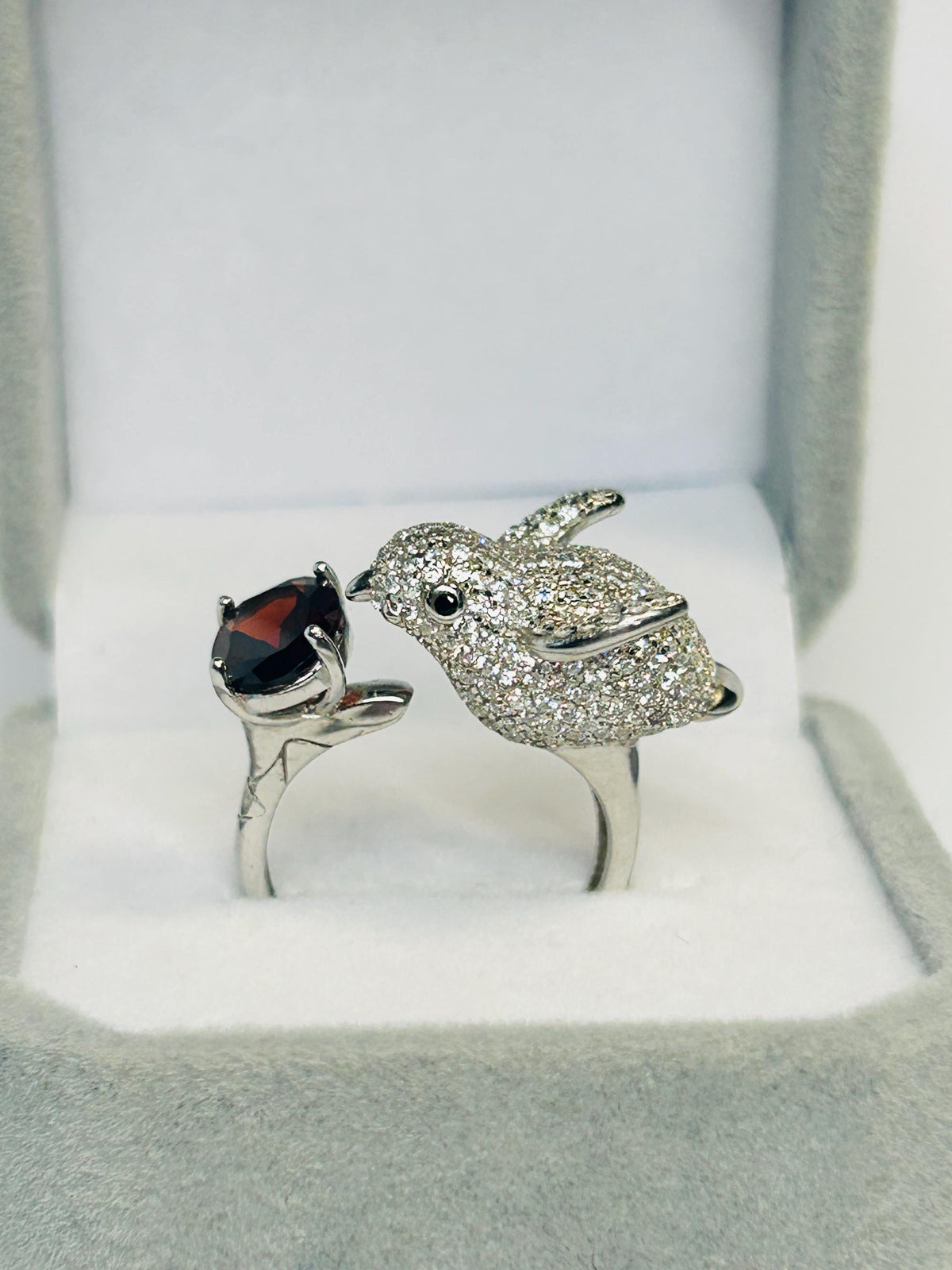 Sterling Silver Bird Ring with Garnet, Zirconia Encrusted - Adjustable Statement Jewellery Celtic Dragon Jewellery