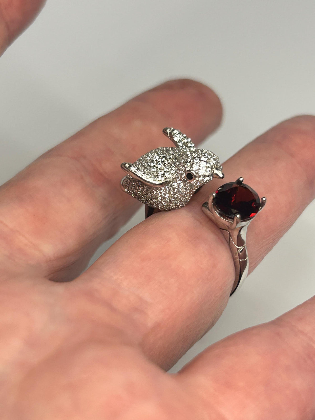 Sterling Silver Bird Ring with Garnet, Zirconia Encrusted - Adjustable Statement Jewellery Celtic Dragon Jewellery