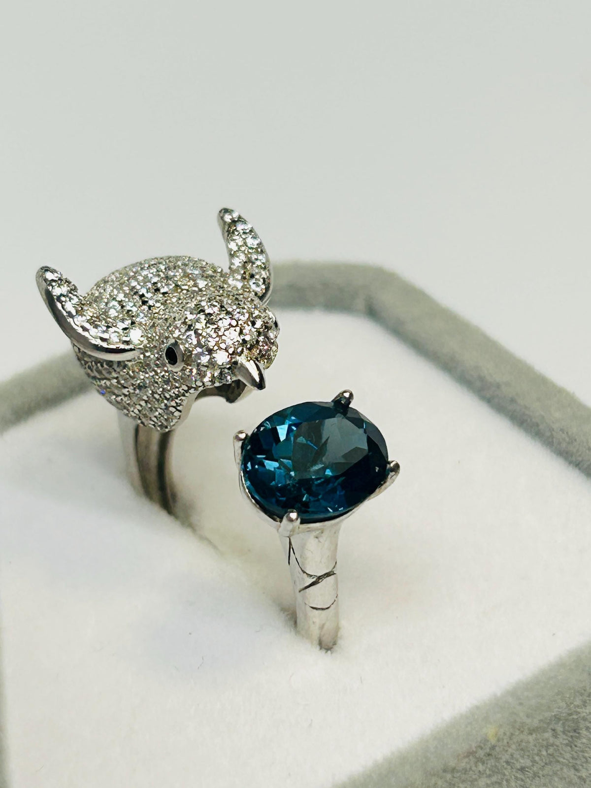 Sterling Silver Bird Ring with London Blue Topaz, Zirconia Encrusted - Adjustable Statement Jewellery Celtic Dragon Jewellery