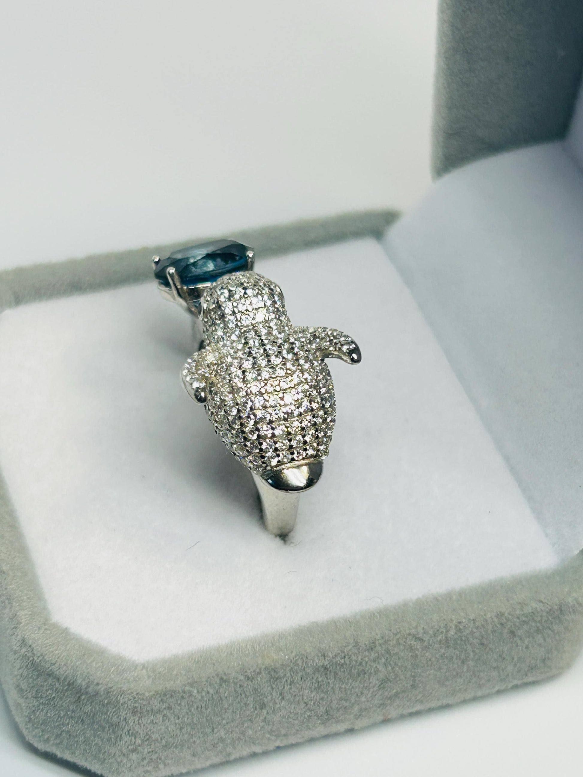 Sterling Silver Bird Ring with London Blue Topaz, Zirconia Encrusted - Adjustable Statement Jewellery Celtic Dragon Jewellery