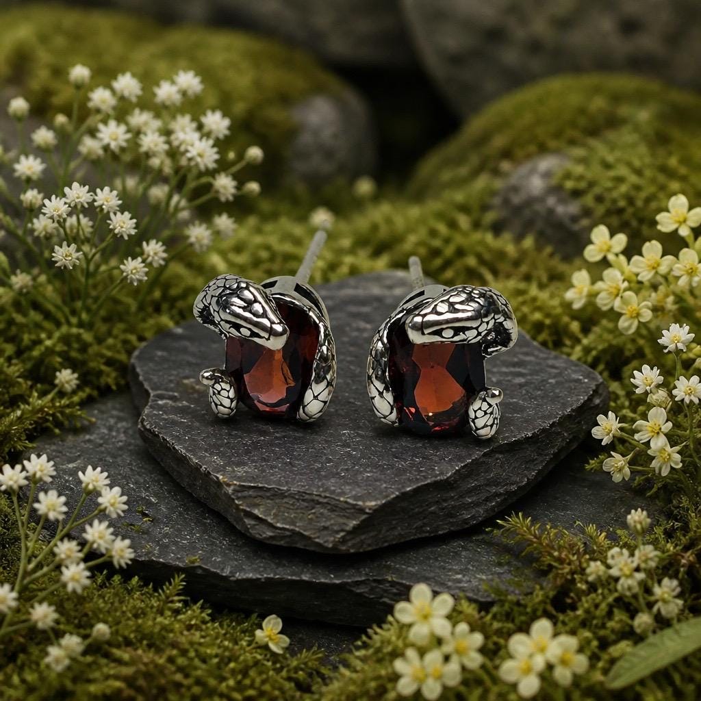 Small Snake Earrings With Garnet Gemstones - 925 Sterling Silver - Gothic Serpent Jewellery Celtic Dragon Jewellery