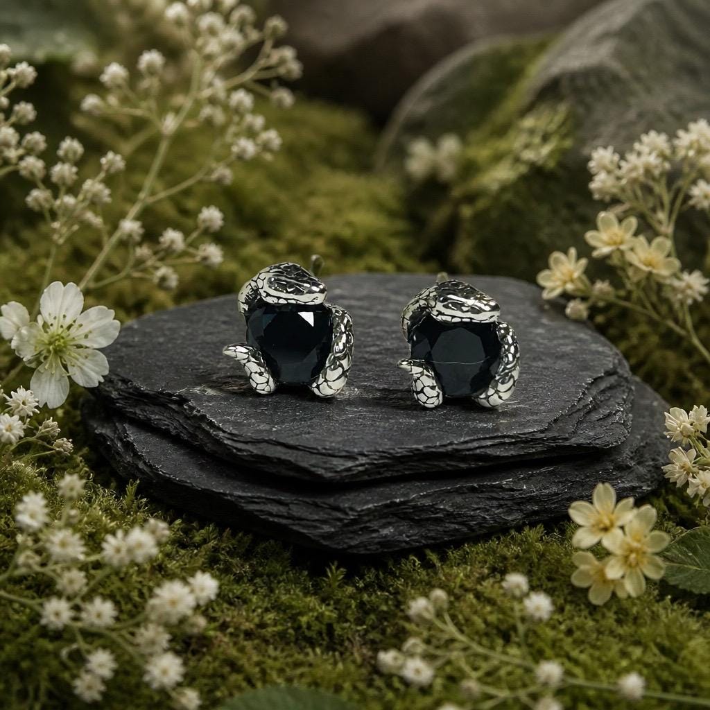 Small Snake Earrings With Spinel Gemstones - 925 Sterling Silver - Gothic Serpent Jewellery Celtic Dragon Jewellery