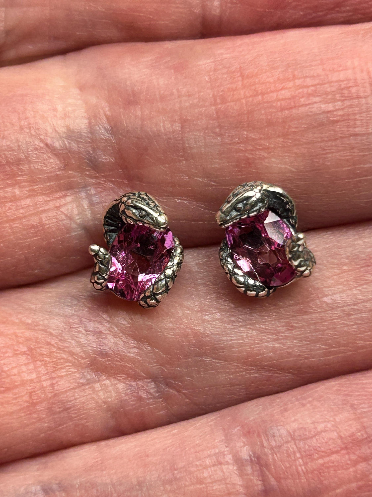 Small Snake Earrings With Pink Topaz Gemstones - 925 Sterling Silver - Gothic Serpent Jewellery Celtic Dragon Jewellery