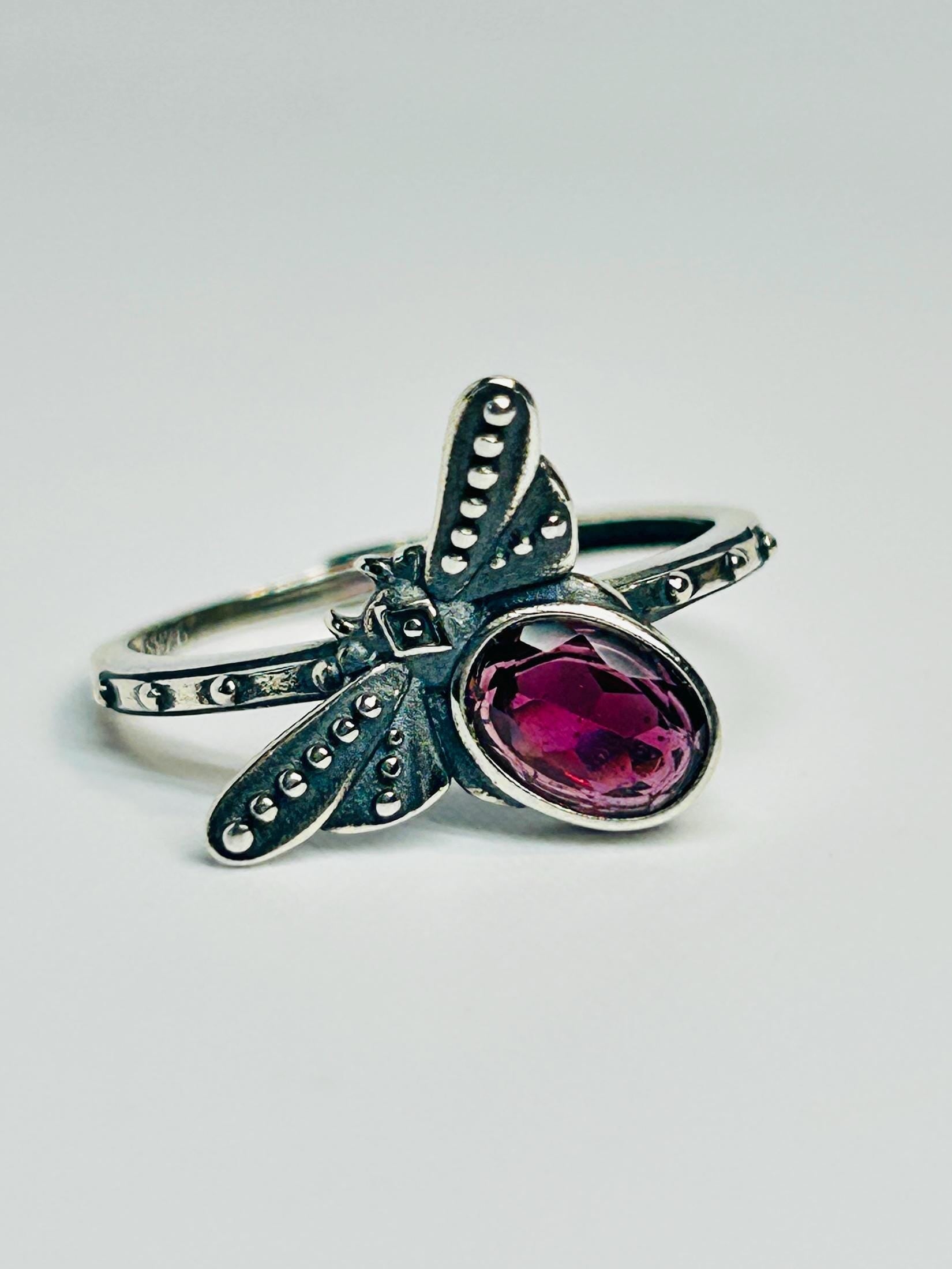 Dragonfly Ring with Purple Garnet in 925 Sterling Silver - Adjustable Nature Jewellery Celtic Dragon Jewellery