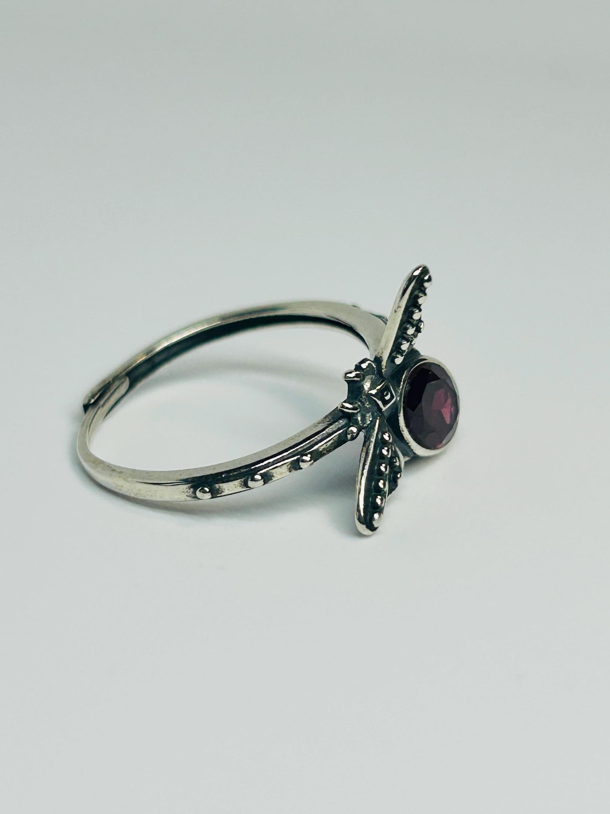 Dragonfly Ring with Purple Garnet in 925 Sterling Silver - Adjustable Nature Jewellery Celtic Dragon Jewellery