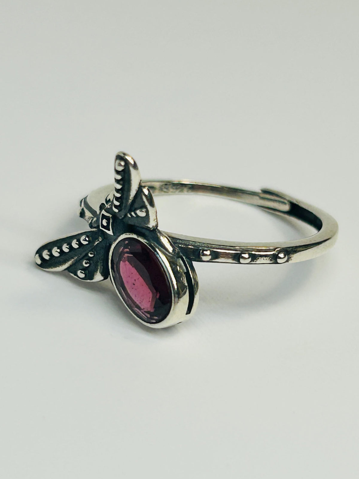 Dragonfly Ring with Purple Garnet in 925 Sterling Silver - Adjustable Nature Jewellery Celtic Dragon Jewellery
