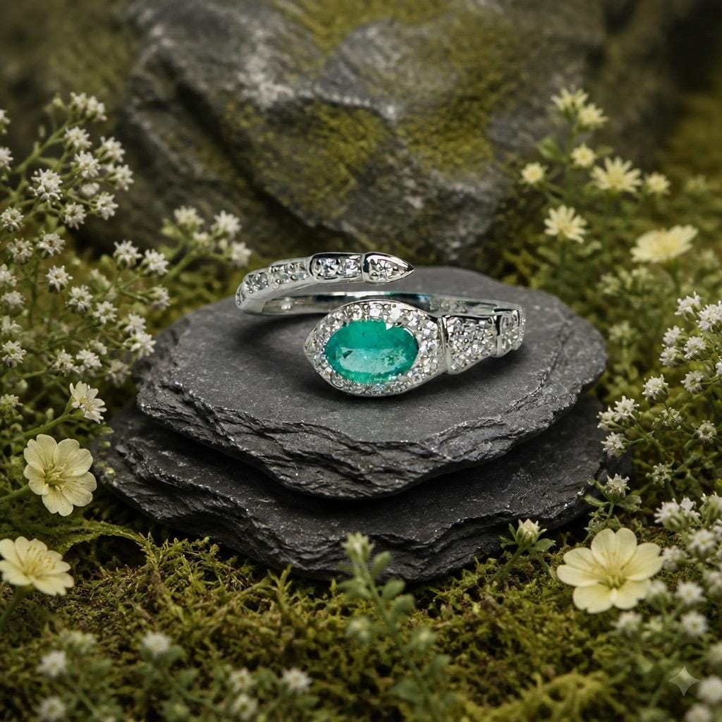 Emerald Snake Ring with Cubic Zirconia - 925 Sterling Silver Adjustable Statement Ring Celtic Dragon Jewellery