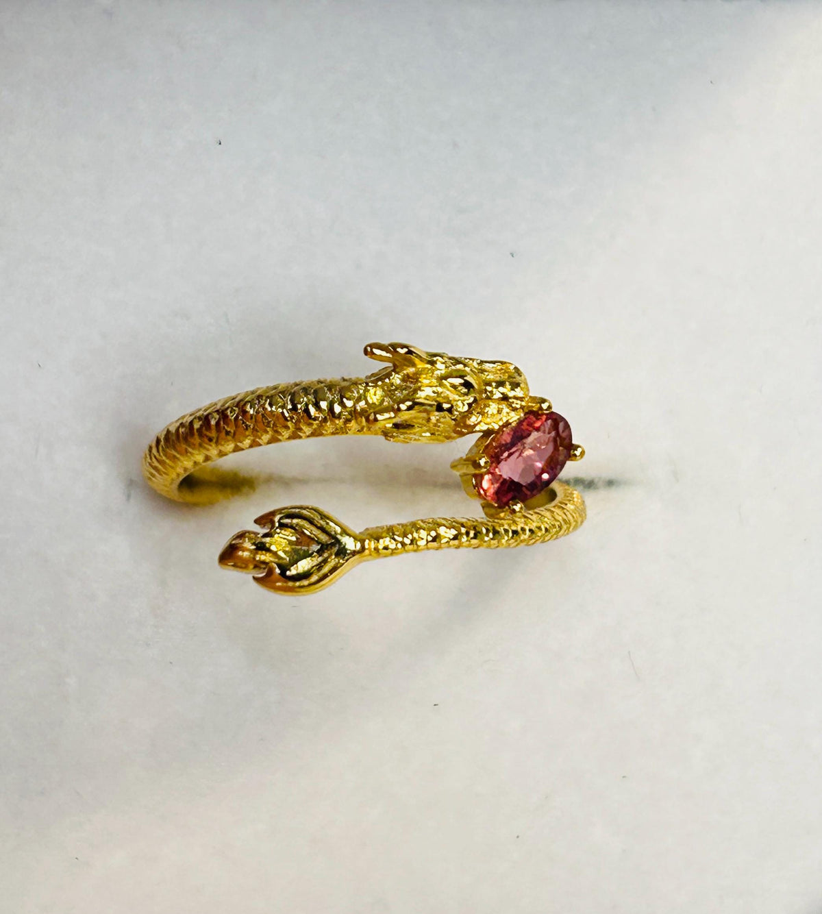 Gold Dragon Ring, 925 Sterling Silver with Pink Tourmaline - Adjustable Gemstone Mythical Jewellery Celtic Dragon Jewellery